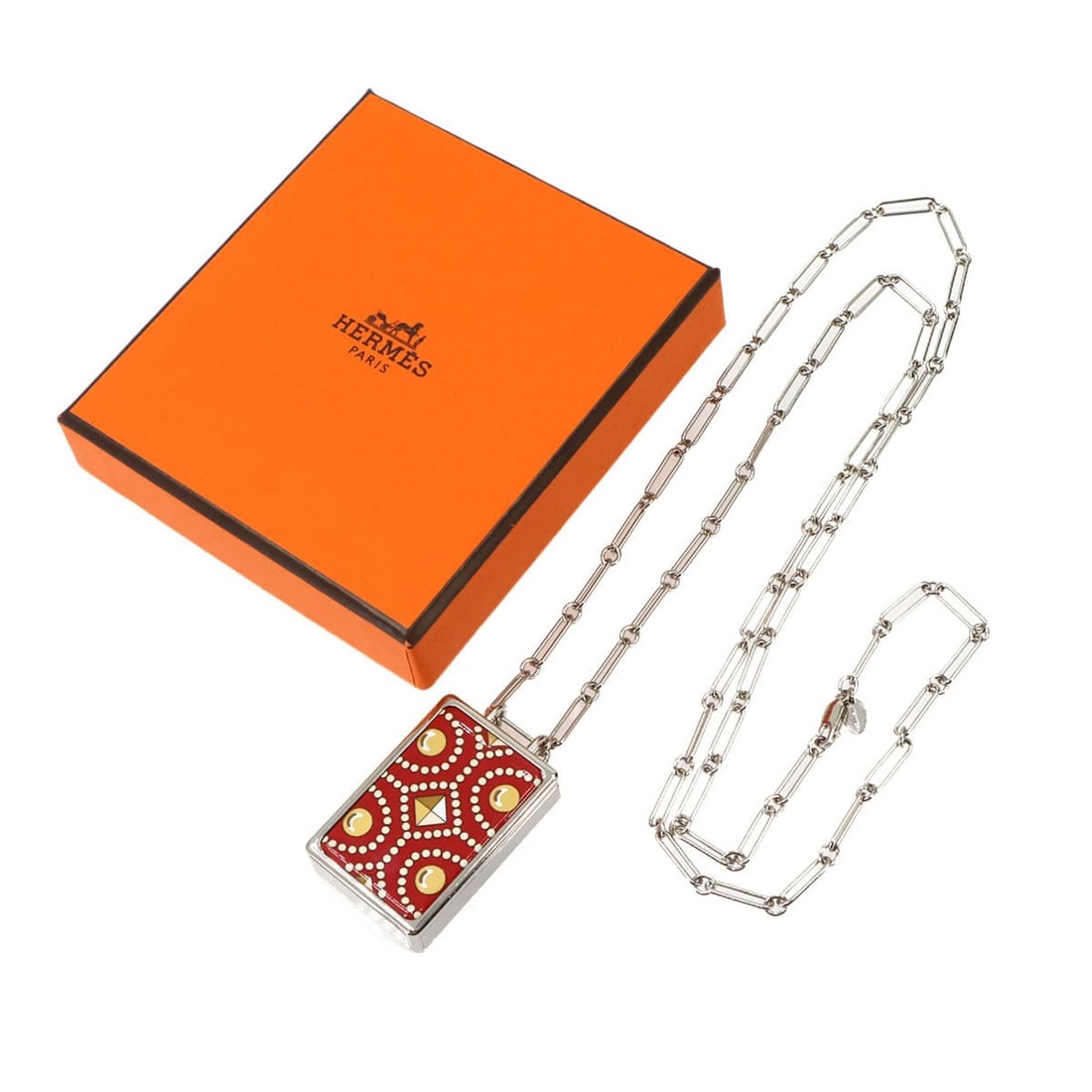 Hermes Boite a Reves Pendant Long Necklace, Silver and Red: --- Catalog ---Category: SizePendant Size: 45mm x 30mm / 1.77'' x 1.18''Neck Circumference: 86 cm / 33.85''Category: DesignColor: Red color, SilverGender: WomenNecklace Type: NecklaceCategory: General