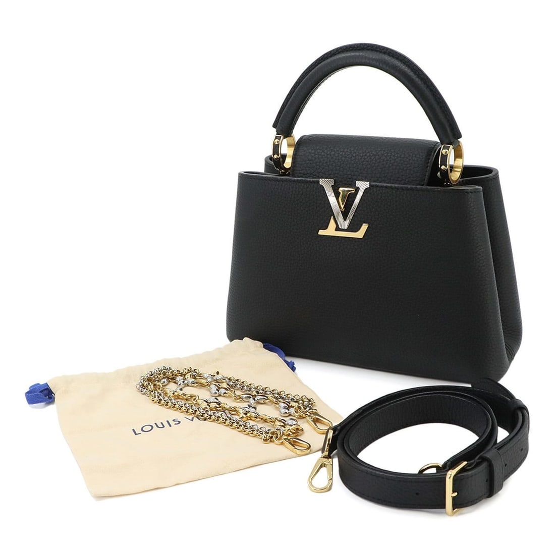 Louis Vuitton Capucines BB 2-way Hand/Shoulder Handbag, Taurillon Leather, Black, RFID: --- Catalog ---Category: SizeSize (HxWxD): 17.5cm x 26.5cm x 9cm / 6.88'' x 10.43'' x 3.54''Category: DesignType: HandbagColor: BlackGender: WomenMaterial: Leather Leather/Fur Type: Taurillon leatherC