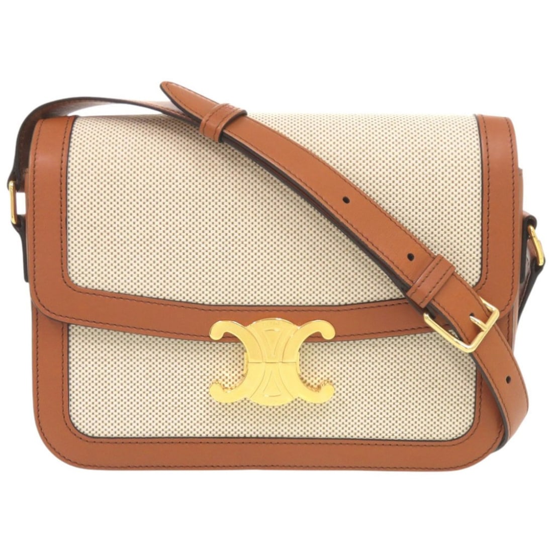 Celine Classic Triomphe Calfskin Textile Natural Tan Shoulder Bag 1385: --- Catalog ---Category: SizeSize (HxWxD): 16.5cm x 22cm x 6cm / 6.49'' x 8.66'' x 2.36''Category: DesignType: Shoulder bagColor: BrownGender: WomenMaterial: Textile , Leather Leather/Fur Type: Calfsk