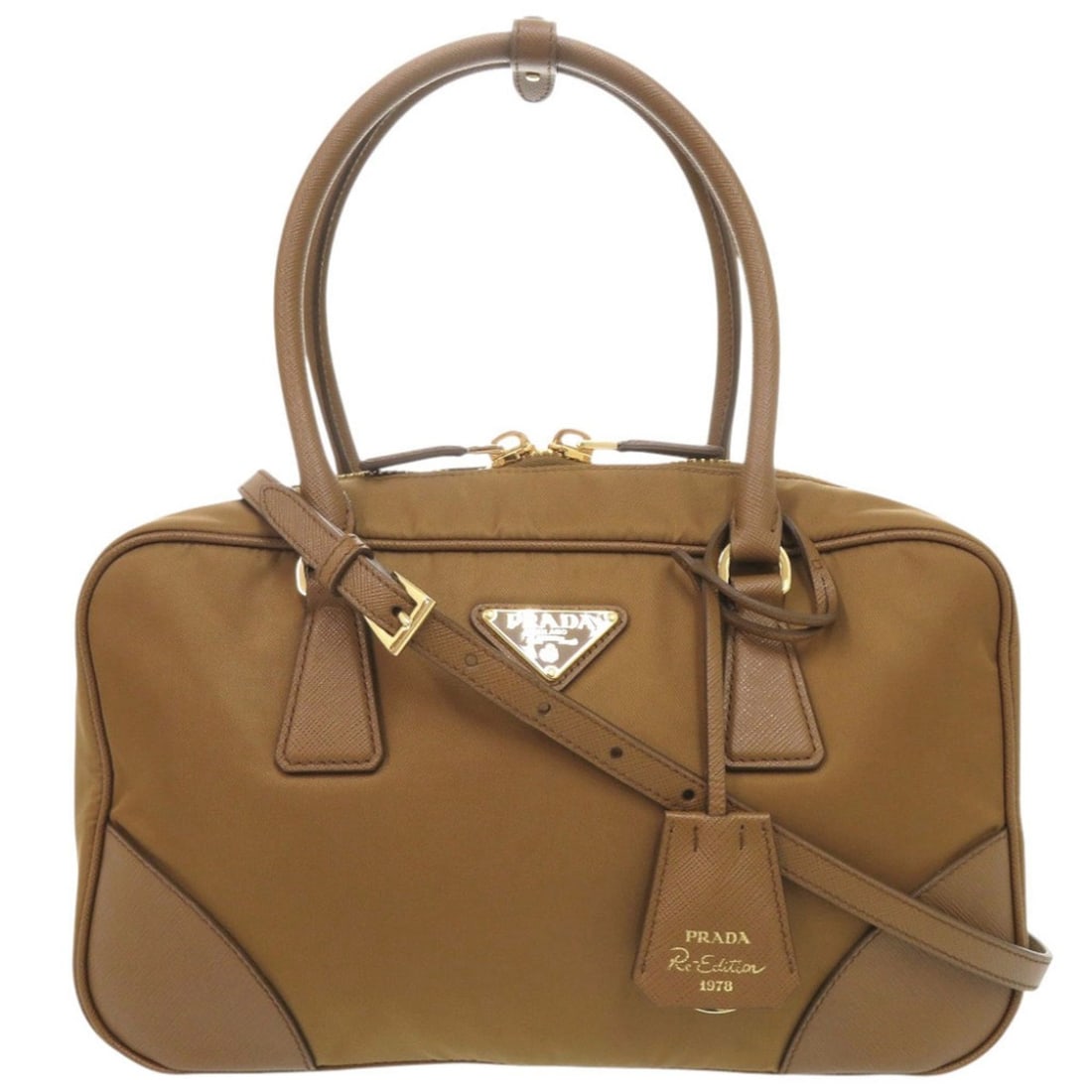 Prada Re-Edition 1978 Medium Triangle Logo Nylon Leather Brown 2-Way Handbag Shoulder Bag 1377PRADA (1 of 12)
