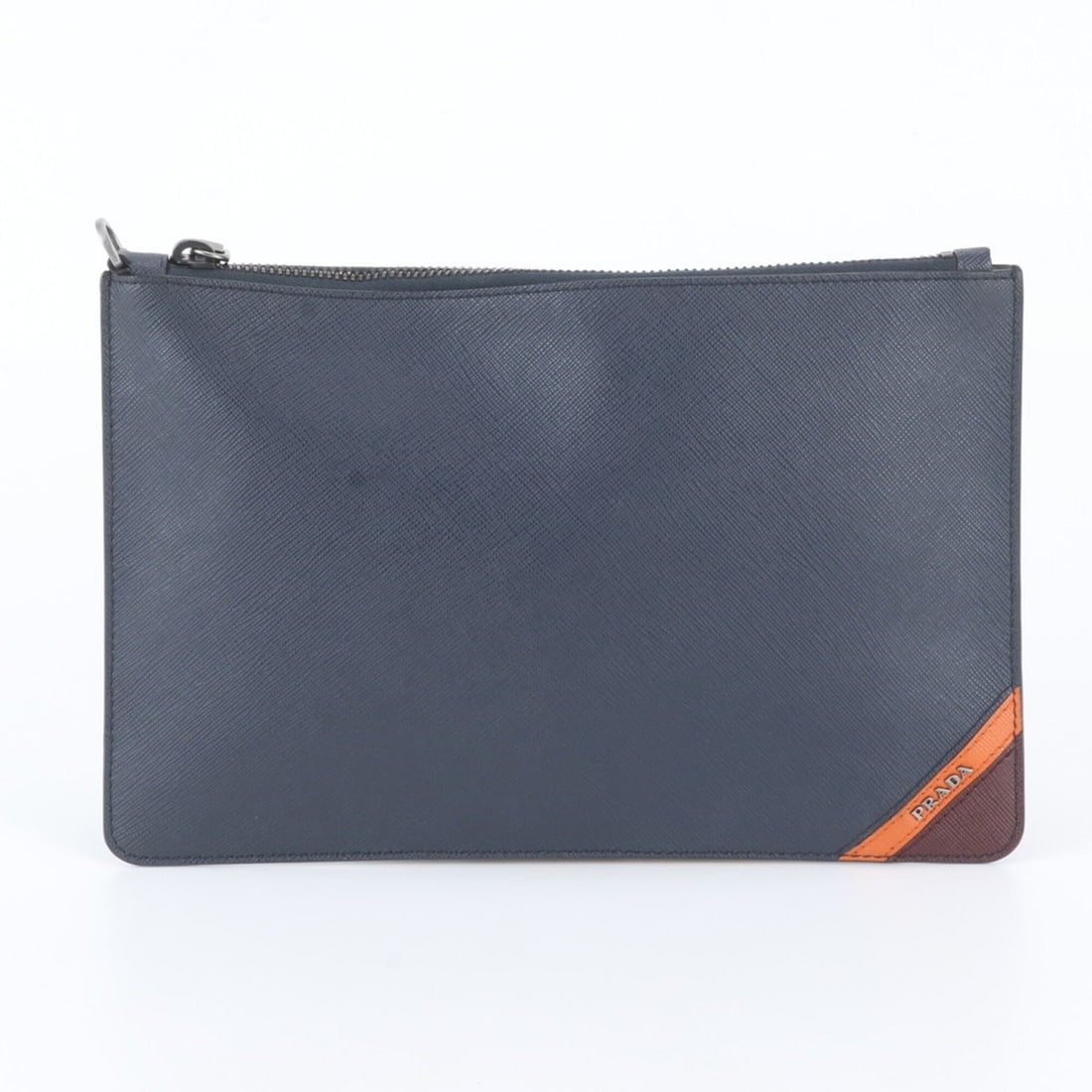 Prada Saffiano Leather Second Bag Clutch Pouch Business Navy Blue Men's: --- Catalog ---Category: SizeSize (HxWxD): 18cm x 27cm x 1cm / 7.08'' x 10.62'' x 0.39''Category: DesignType: Clutch bag, PouchColor: Navy, OrangeGender: MenMaterial: Leather Category: GeneralBrand: P