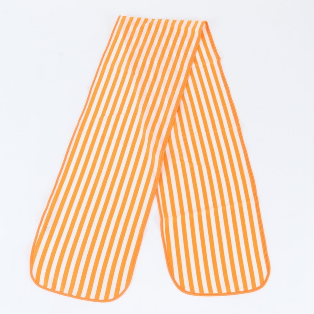 Hermes tagged striped orange fashion scarf for women: --- Catalog ---Category: SizeSize (LxW): 1.54m x 18cm / 60.62'' x 7.08''Category: DesignType: ScarfColor: Orange, WhiteGender: WomenMaterial: Cotton Category: GeneralBrand: HermesCountry of Origin: It