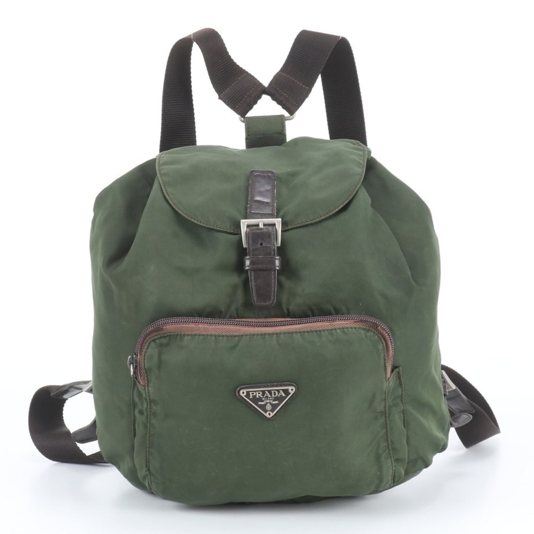Prada Tessuto Nylon Triangle Logo Leather Backpack for Women: --- Catalog ---Category: SizeSize (HxWxD): 26cm x 29cm x 13cm / 10.23'' x 11.41'' x 5.11''Category: DesignType: BackpackColor: Brown, Green, KhakiGender: WomenMaterial: Leather , Nylon Category: Gener
