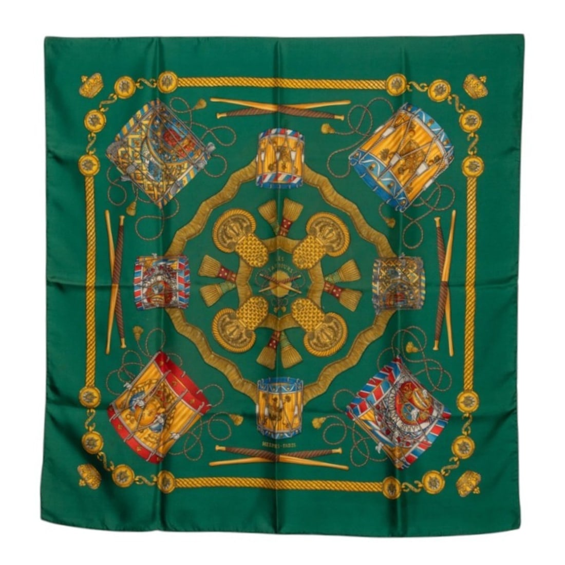 Hermes Carre 90 LES TAMBOURS (The Tambour Drum) Scarf/Muffler, Green Multicolor Silk, Women's HERMES: --- Catalog ---Category: SizeSize (LxW): 89cm x 88cm / 35.03'' x 34.64''Category: DesignType: ScarfColor: Green, Multi-colorGender: WomenMaterial: Silk Category: GeneralBrand: Hermes--- Item List