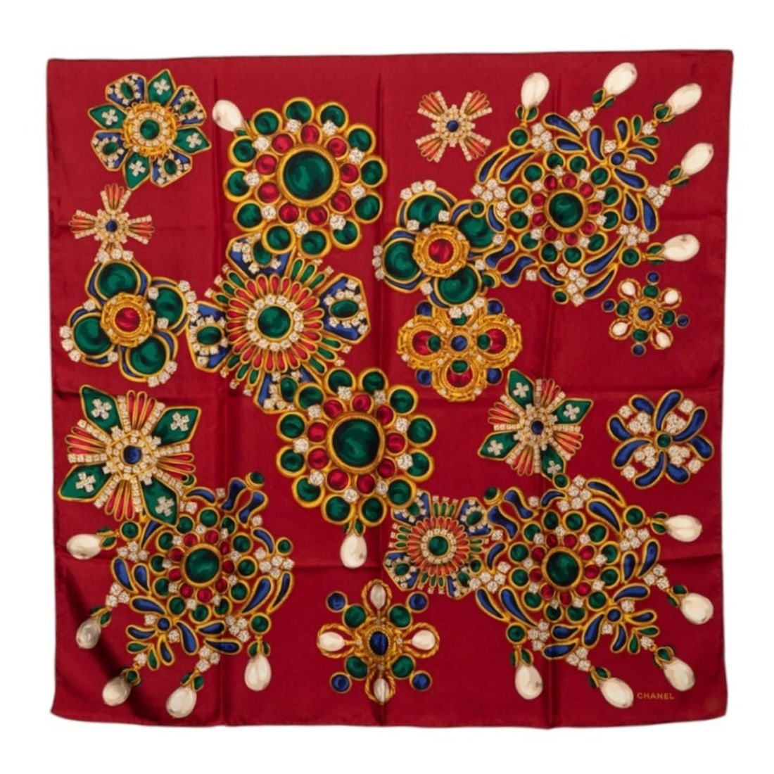 Chanel Jewelry Scarf Muffler Red Multicolor Silk Women's CHANEL: --- Catalog ---Category: SizeSize (LxW): 87cm x 84cm / 34.25'' x 33.07''Category: DesignType: ScarfColor: Multi-color, Red colorGender: WomenMaterial: Silk Category: GeneralBrand: Chanel--- Item List