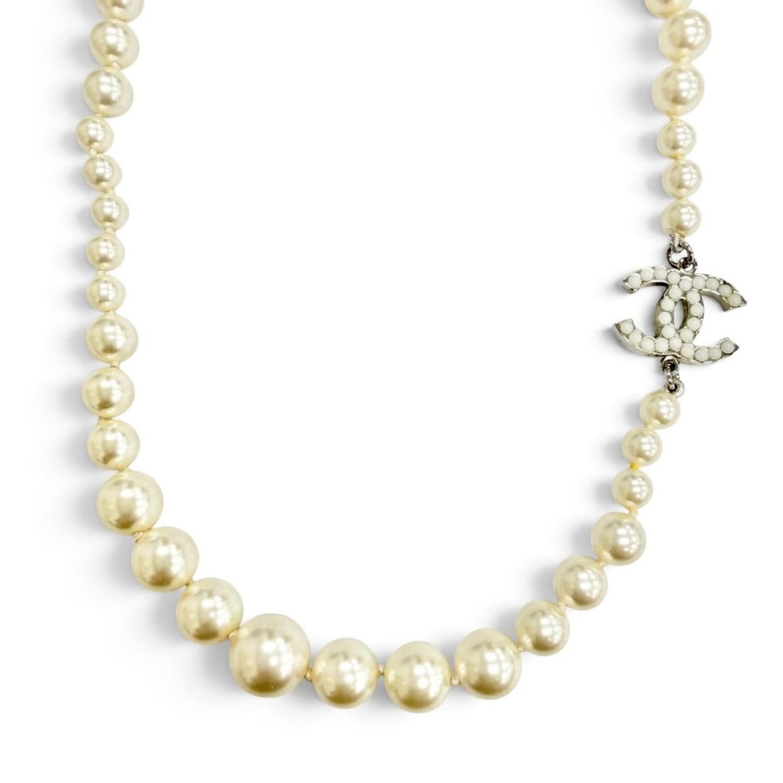 CHANEL A14V Coco Mark Long Pearl Necklace, White/Silver, Made in France, Women's, with Dust Bag. (1 of 9)