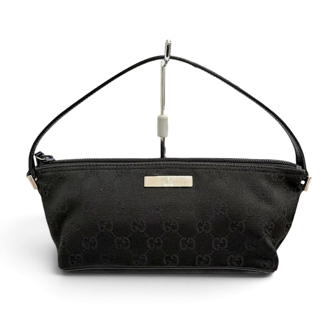 GUCCI Vintage 039.1103 GG Canvas Leather Logo Plate Accessory Pouch Handbag Black Silver Hardware (1 of 16)