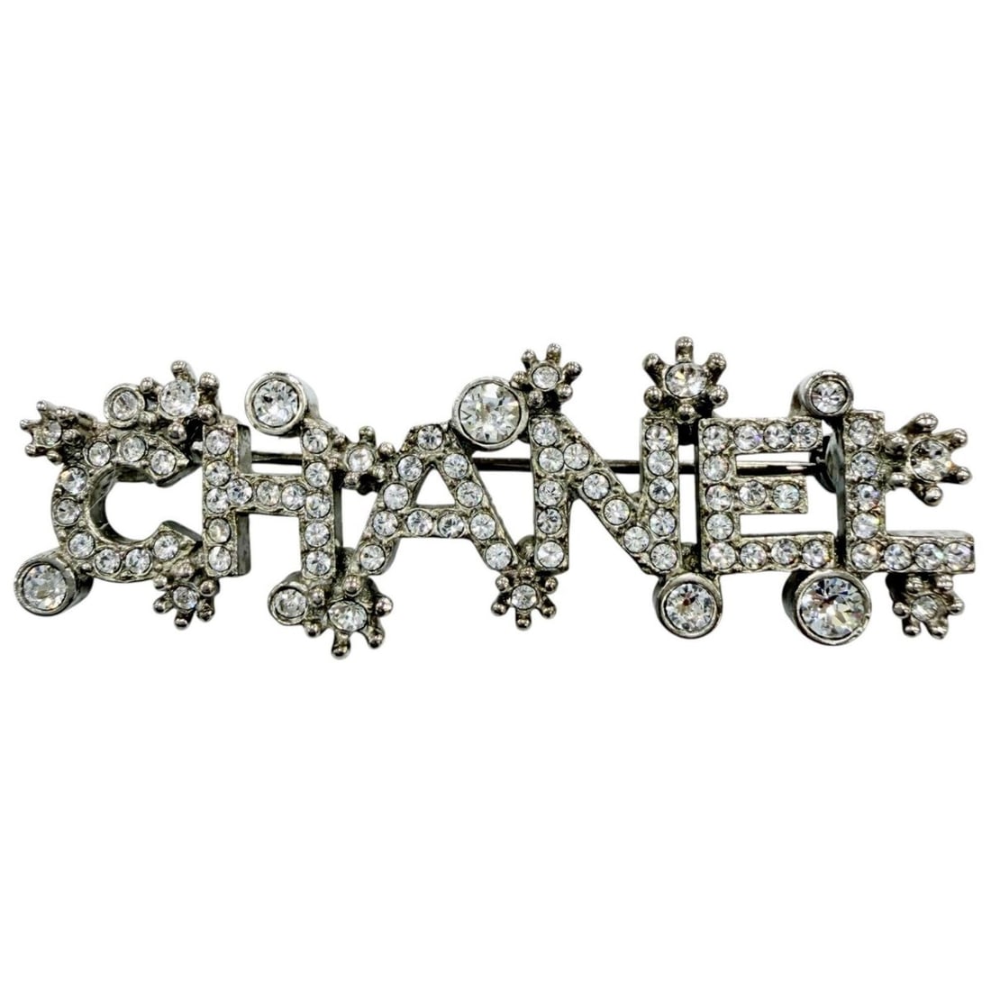 CHANEL F23P Metal Logo Rhinestone Brooch Accessory Silver Made in France Women's (1 of 17)