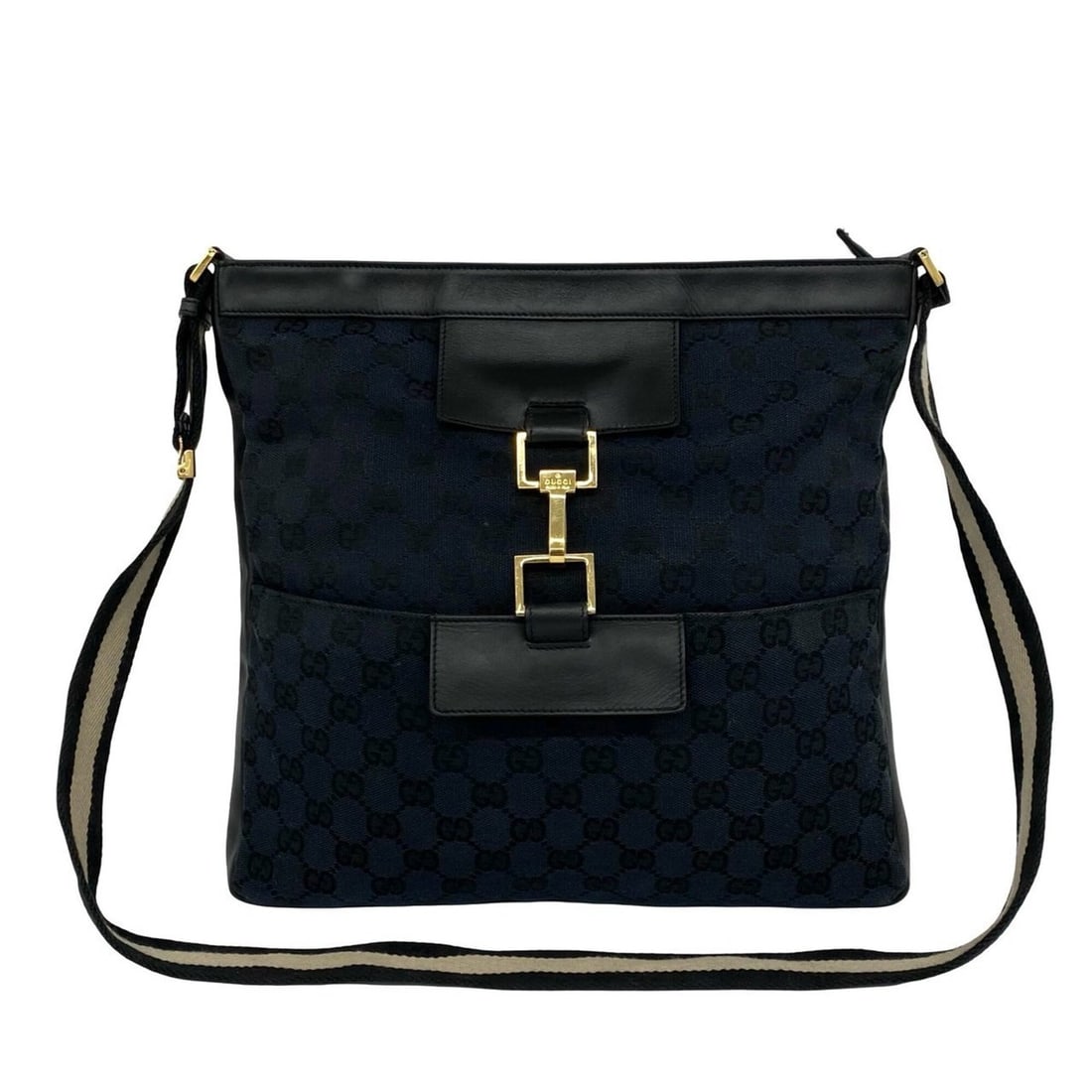 GUCCI GG Logo Pattern Canvas Leather Shoulder Bag Tote Black Navy 27421: --- Catalog ---Category: SizeSize (HxWxD): 30cm x 30.5cm x 4cm / 11.81'' x 12'' x 1.57''Category: DesignType: Shoulder bag, Tote bagColor: Black, NavyGender: WomenMaterial: Canvas , Leather Category: 