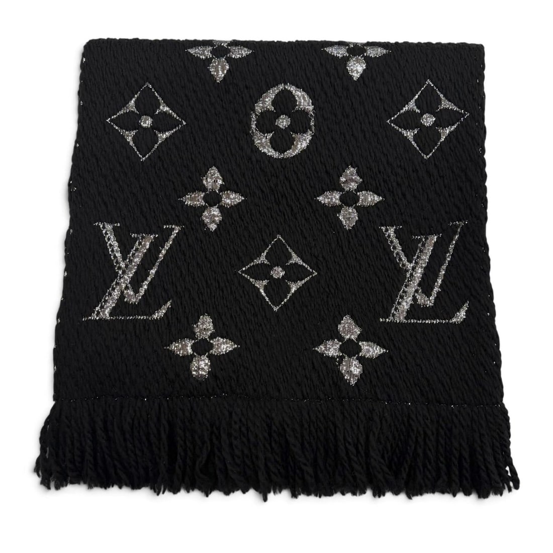 LOUIS VUITTON M75833 Echarpe Logomania Shine Wool Silk Monogram Fringe Stole Scarf Black Silver Made: --- Catalog ---Category: SizeSize (LxW): 1.54m x 28cm / 60.62'' x 11.02''Category: DesignType: StoleColor: Black, SilverGender: MenMaterial: Wool , Silk , Polyester Category: GeneralMPN: M75833Brand: