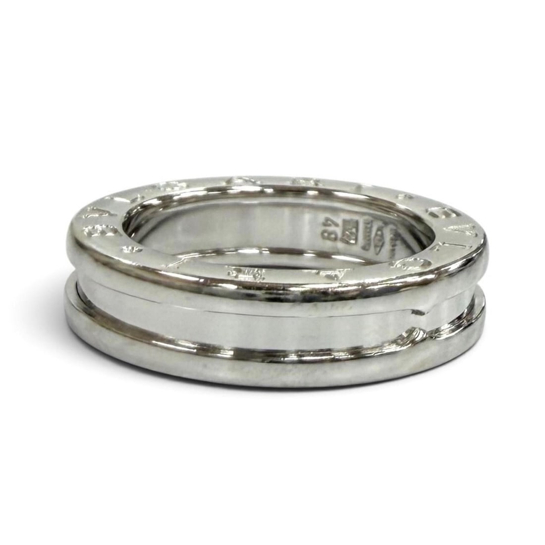 BVLGARI B.zero1 Ring, 750 (WG), Logo Design, 1-Band, White Gold, Size 48, Made in Italy, Weight: --- Catalog ---Category: SizeUS Size: 4.5Brand Size: 48Category: DesignType: Band ringColor: White goldGender: WomenMaterial: White gold (18K)Category: GeneralBrand: BvlgariCountry of Origin: