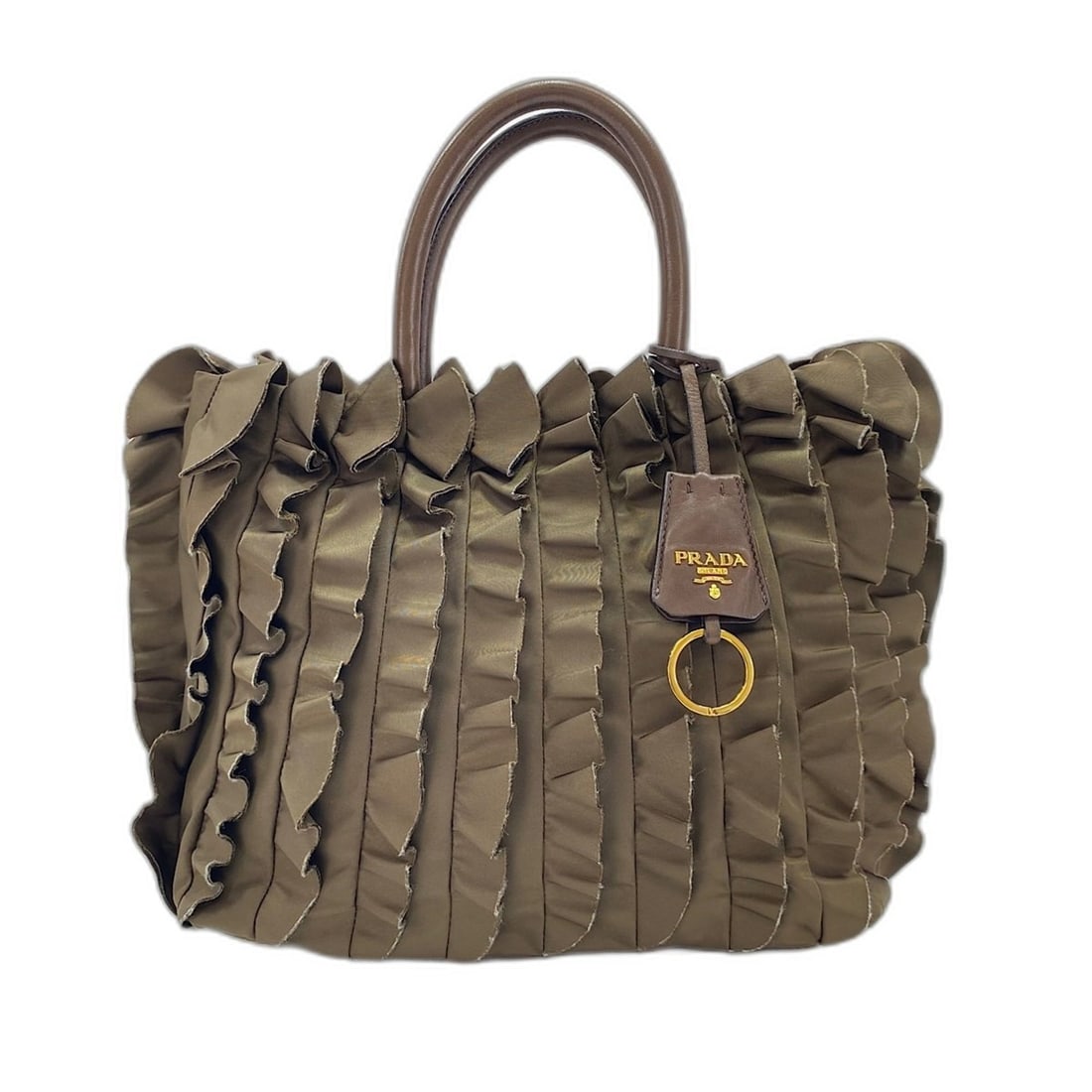 PRADA Frill Handbag Brown: --- Catalog ---Category: SizeSize (HxWxD): 24cm x 28cm x 14cm / 9.44'' x 11.02'' x 5.51''Category: DesignType: HandbagColor: BrownGender: WomenCategory: GeneralBrand: Prada--- Item List ---Section: Co