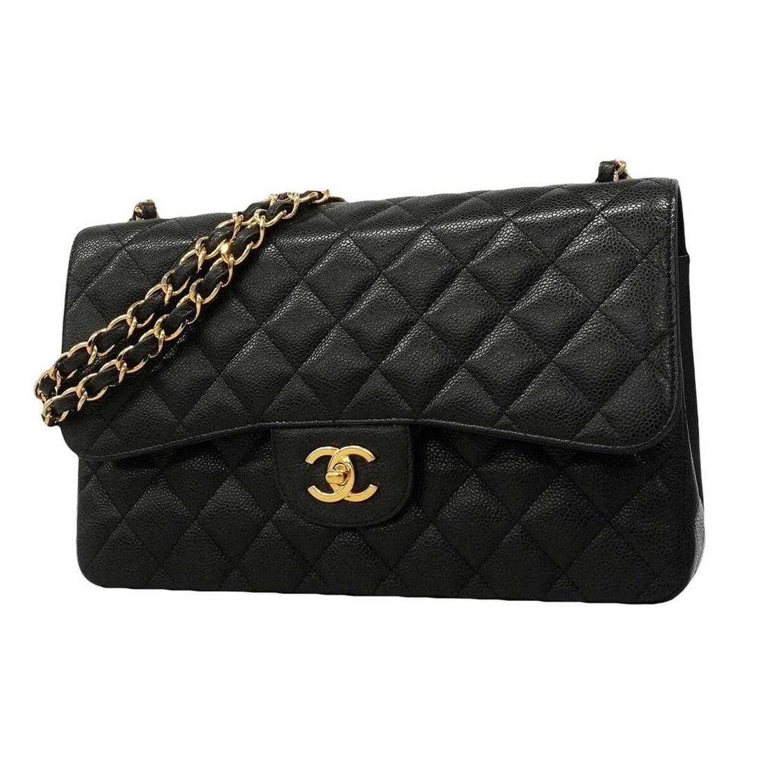 Chanel Shoulder Bag, Large Matelassé Chain Caviar Leather, Black, Women's, OP020106 (1 of 11)