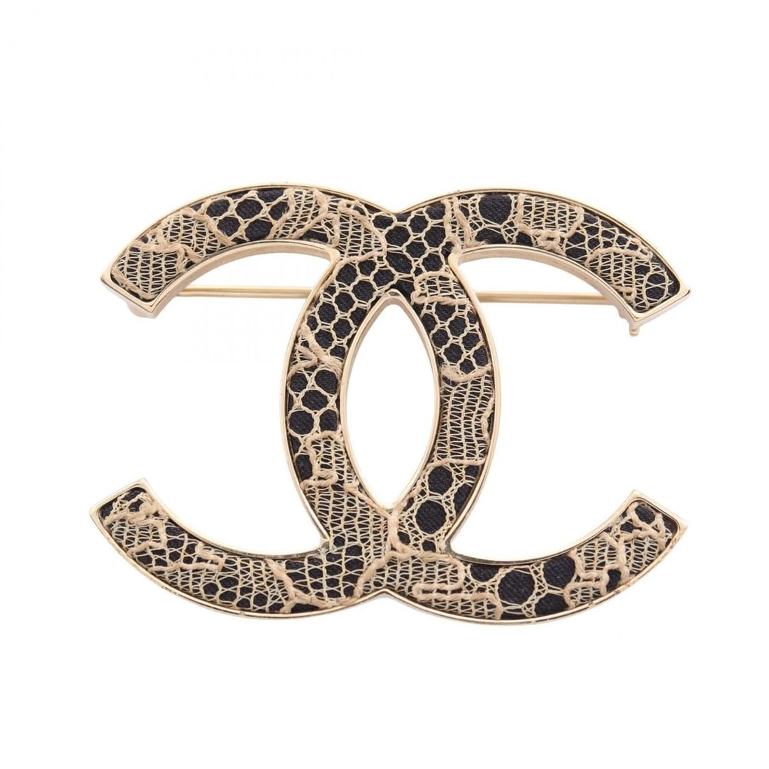 Chanel Coco Mark Lace Brooch Accessory, Gold Plated (GP), Fabric, Women's, Gold, Black, Beige: --- Catalog ---Category: SizeSize (HxWxD): 3.4cm x 4.6cm / 1.33'' x 1.81''Category: DesignType: BroochColor: Beige, Black, GoldGender: WomenMaterial: Gold platingCategory: GeneralBrand: Chanel--- Item