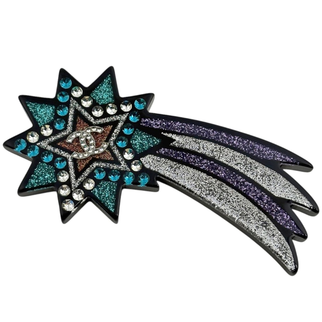 Chanel brooch, Coco Mark, shooting star, plastic, black and blue, women's.: --- Catalog ---Category: SizeSize (HxWxD): 8.5cm x 4.5cm / 3.34'' x 1.77''Category: DesignType: BroochColor: Blue, SilverGender: WomenMaterial: PlasticCategory: GeneralBrand: Chanel--- Item List ---Se