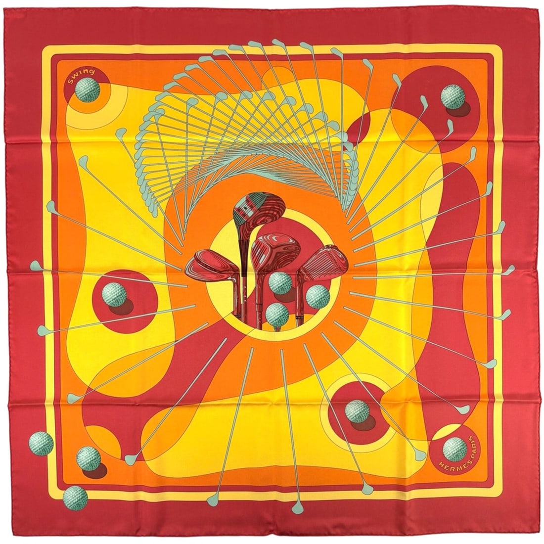 Hermes Carre 90 SWING Scarf/Muffler, Golf Club Design, Silk, Red/Yellow Multicolor, Women's: --- Catalog ---Category: SizeSize (LxW): 89cm x 89cm / 35.03'' x 35.03''Category: DesignType: ScarfColor: Multi-color, Red color, YellowGender: WomenMaterial: Silk Category: GeneralBrand: Hermes--- It