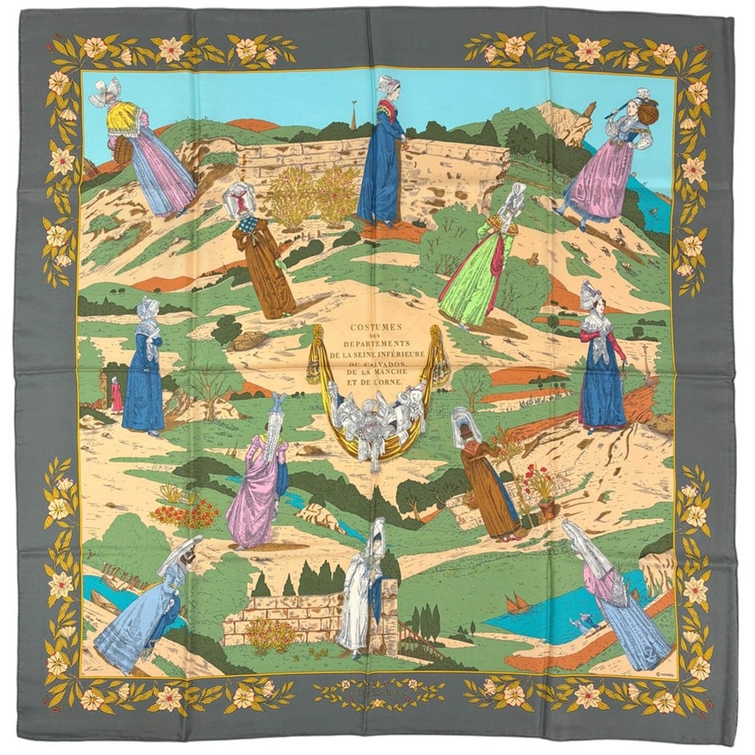 Hermes Carre 90 Costumes of Departments Scarf/Muffler, Silk, Gray Multicolor, Women's: --- Catalog ---Category: SizeSize (LxW): 89cm x 90cm / 35.03'' x 35.43''Category: DesignType: ScarfColor: Gray, Multi-colorGender: WomenMaterial: Silk Category: GeneralBrand: Hermes--- Item List ---Se