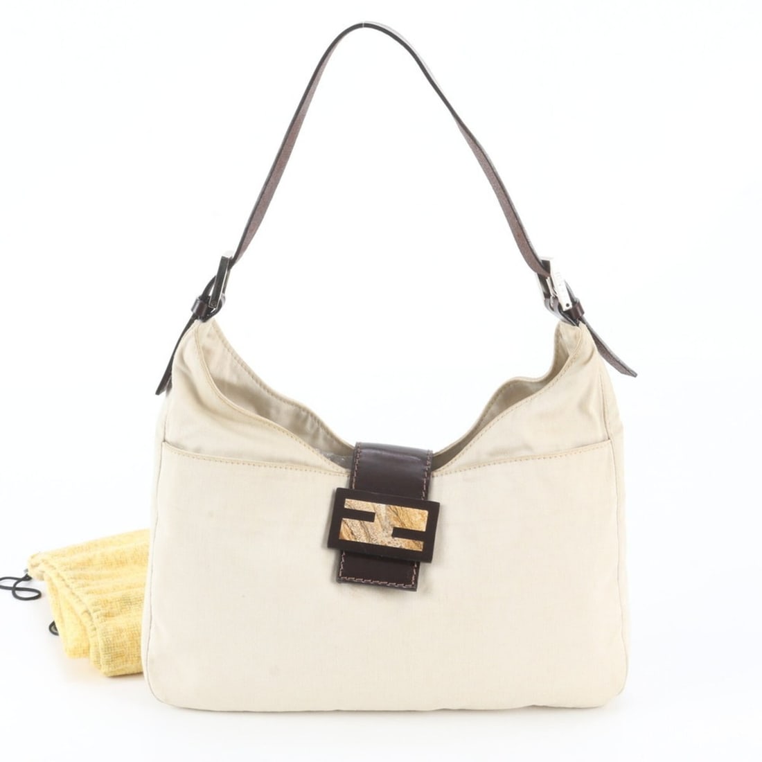 Fendi Mamma Bucket Baguette FF Hardware Leather Canvas Shoulder Bag for Women: --- Catalog ---Category: SizeSize (HxWxD): 17cm x 28cm x 4cm / 6.69'' x 11.02'' x 1.57''Category: DesignType: Shoulder bagColor: Beige, BrownGender: WomenMaterial: Leather , Canvas Category: