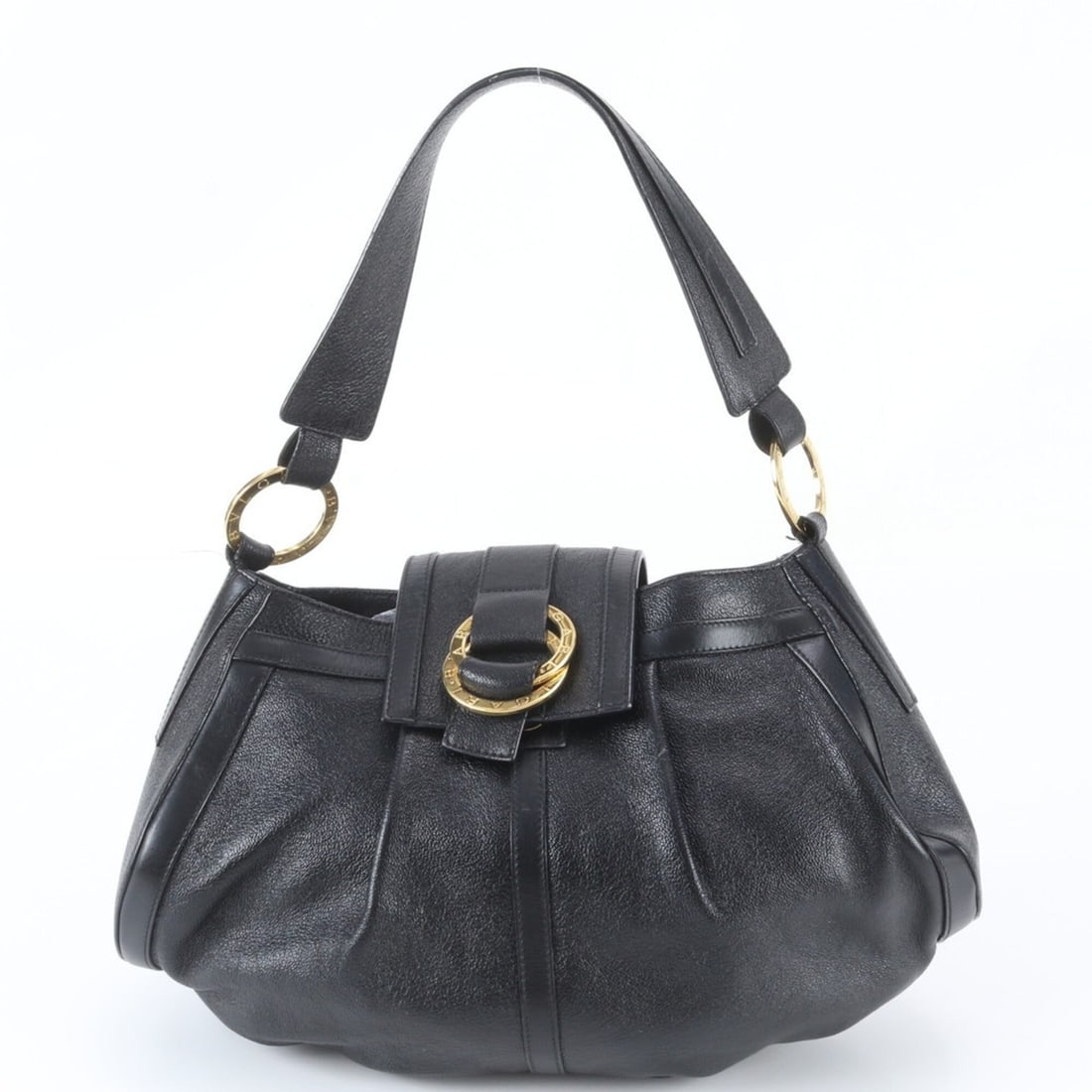 Bvlgari Chandra Leather Circle Logo Shoulder Bag Tote Handbag Black Women's