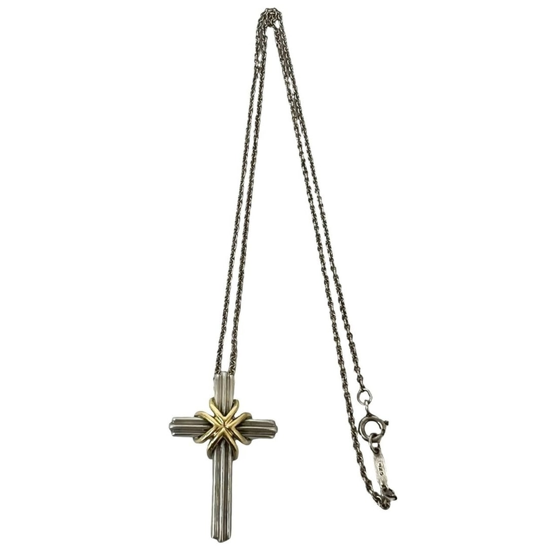 TIFFANY&Co. Tiffany Vintage Signature Cross Necklace, Sterling Silver 925, 18K Yellow Gold 750YG,