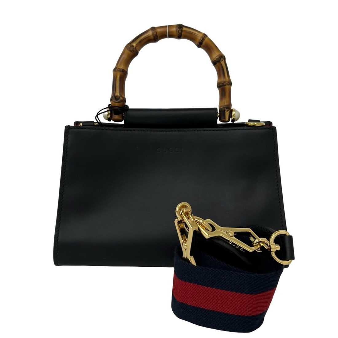 GUCCI Nymphaea Bamboo Sherry Line Leather 2-way Handbag/Shoulder Bag Black/Red 77190