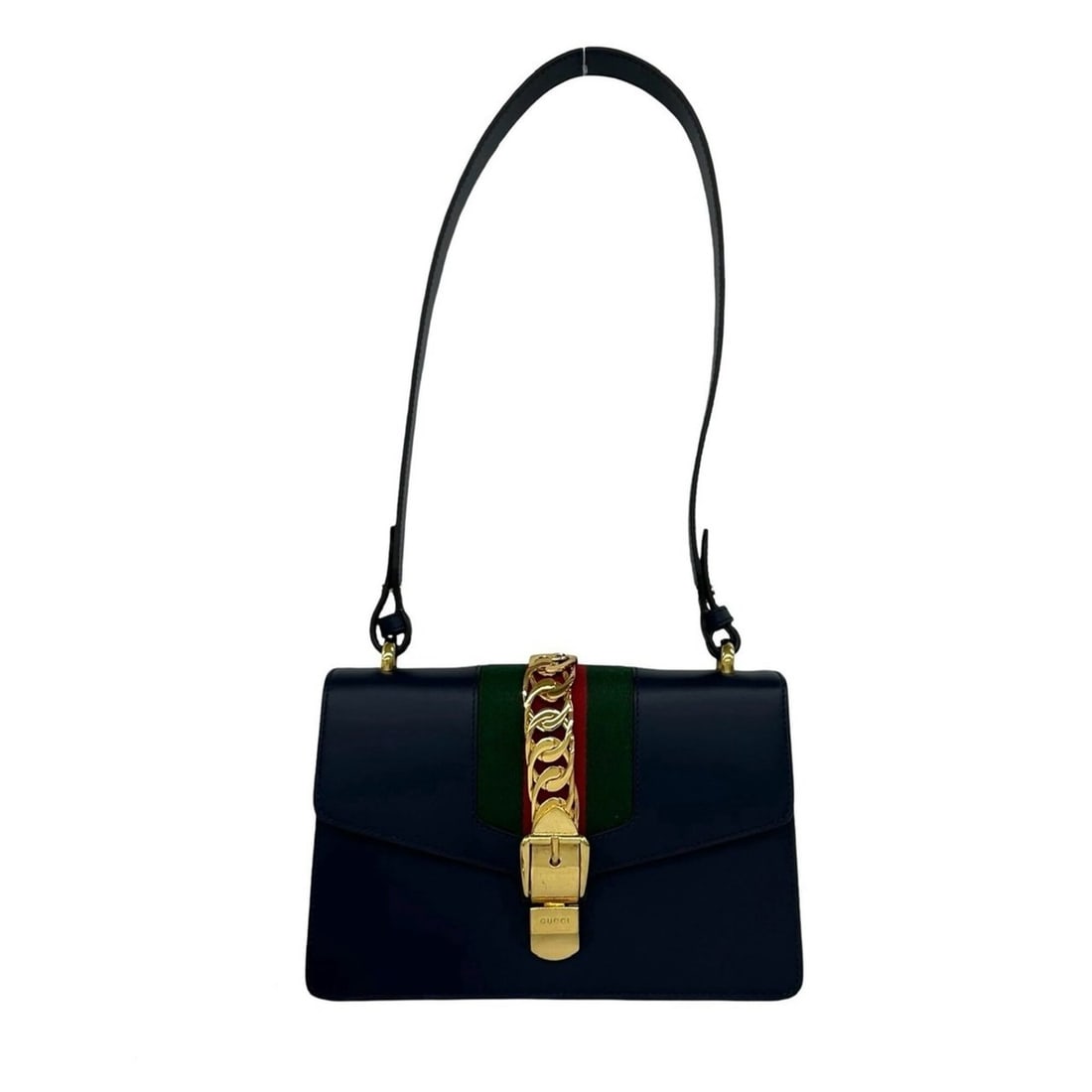 GUCCI Sylvie Sherry Line Logo Hardware Leather Shoulder Bag Navy Red Green 77169: --- Catalog ---Category: SizeSize (HxWxD): 17cm x 25cm x 8.5cm / 6.69'' x 9.84'' x 3.34''Category: DesignType: Shoulder bagColor: Green, Navy, Red colorGender: WomenMaterial: Leather Category: General