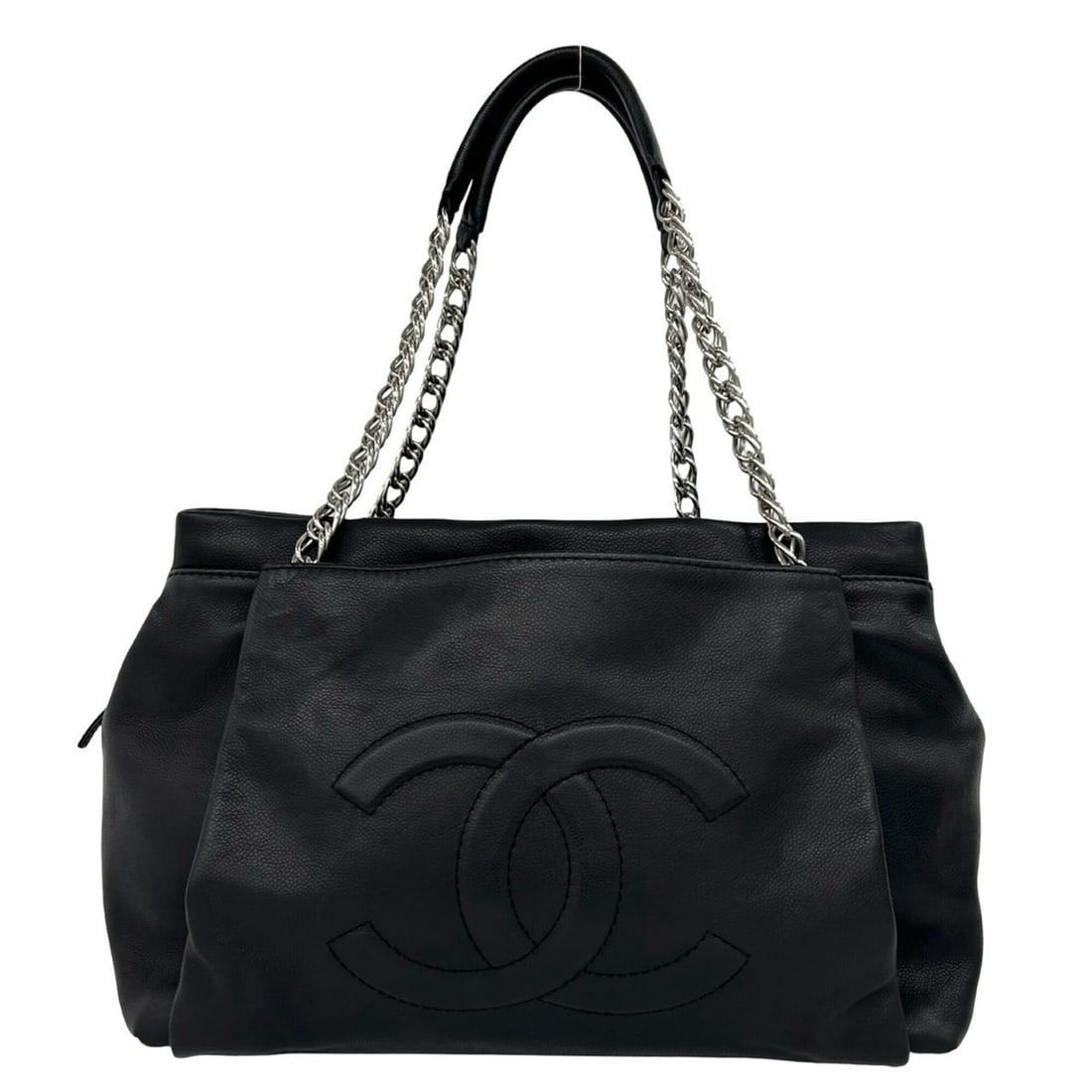 CHANEL Coco Mark Chain Caviar Skin Tote Bag Semi Shoulder Black 77560: --- Catalog ---Category: SizeSize (HxWxD): 27cm x 37cm x 15.5cm / 10.62'' x 14.56'' x 6.1''Category: DesignType: Shoulder bag, Tote bagColor: BlackGender: WomenMaterial: Grained Calfskin Category: Gen