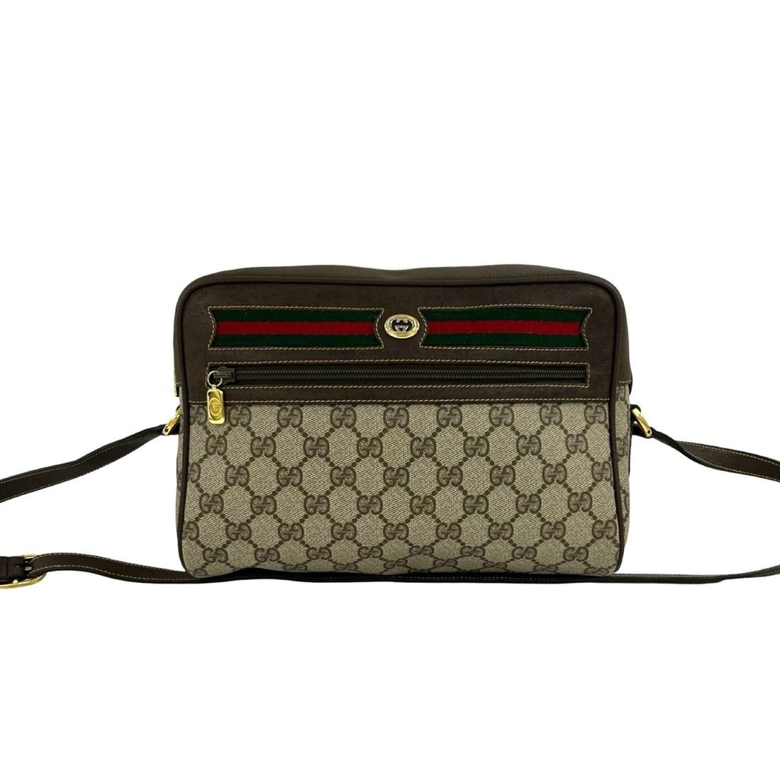 GUCCI Vintage Sherry Line GG Logo Pattern Leather Shoulder Bag/Pouch, Brown, 02055: --- Catalog ---Category: SizeSize (HxWxD): 18cm x 25cm x 8cm / 7.08'' x 9.84'' x 3.14''Category: DesignType: Pochette, Shoulder bagColor: Brown, Green, Red colorGender: WomenMaterial: Leather , PVC Ca