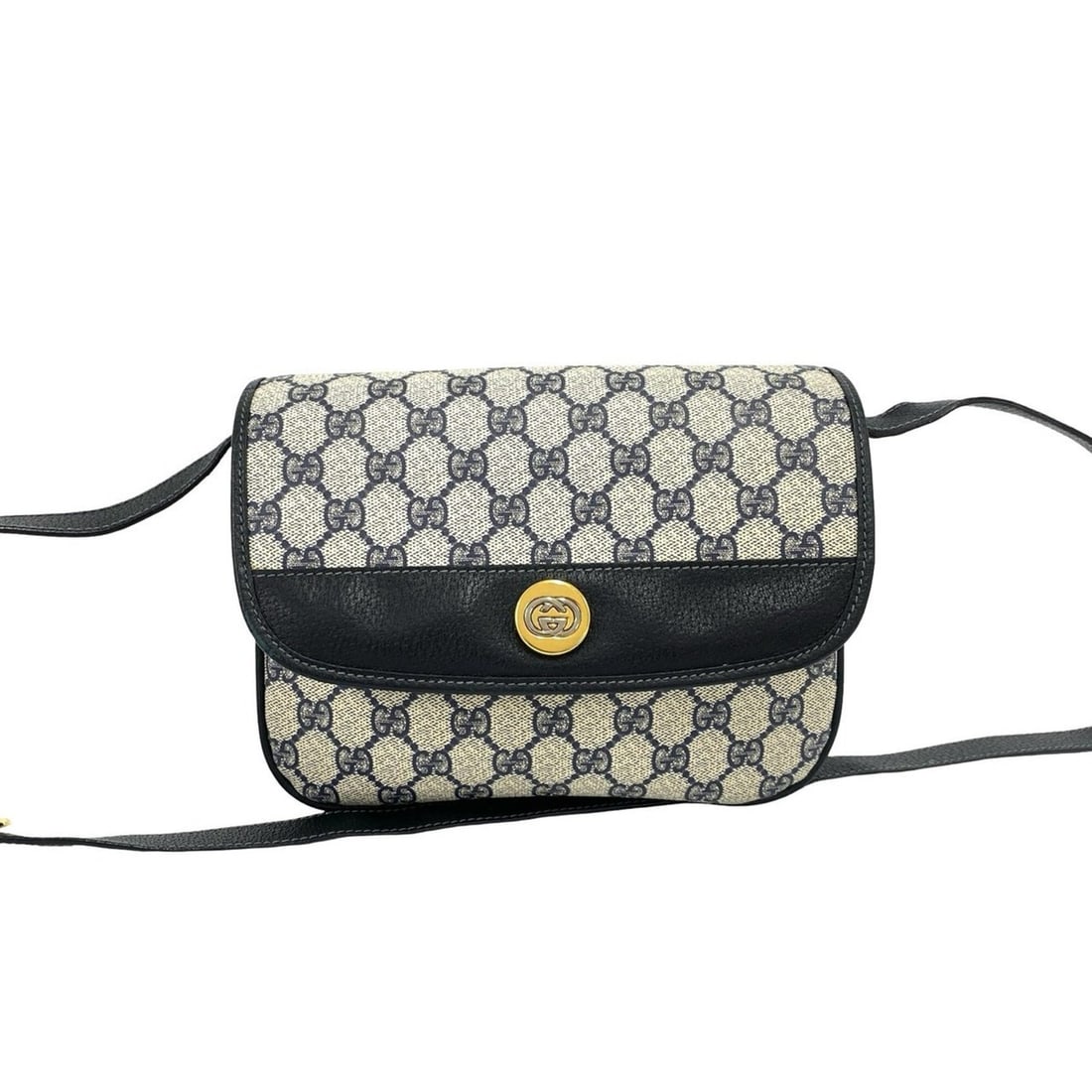 GUCCI Old Gucci GG Logo Hardware Leather Mini Shoulder Bag Pouch Navy Blue b16-5