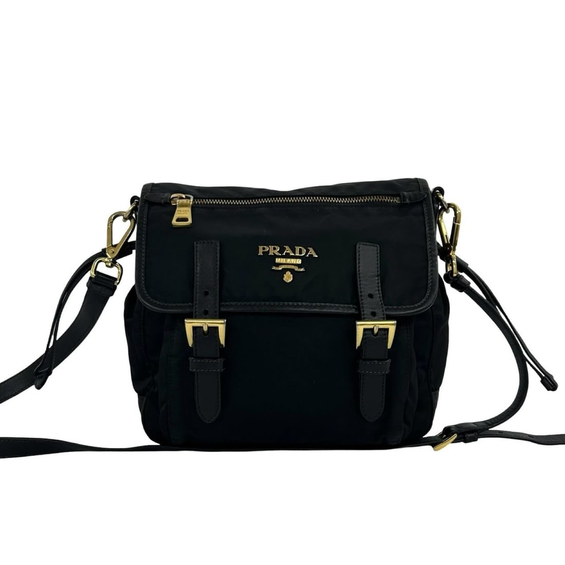 PRADA Prada logo hardware Tessuto nylon Saffiano leather genuine shoulder bag pochette sacoche black (1 of 11)