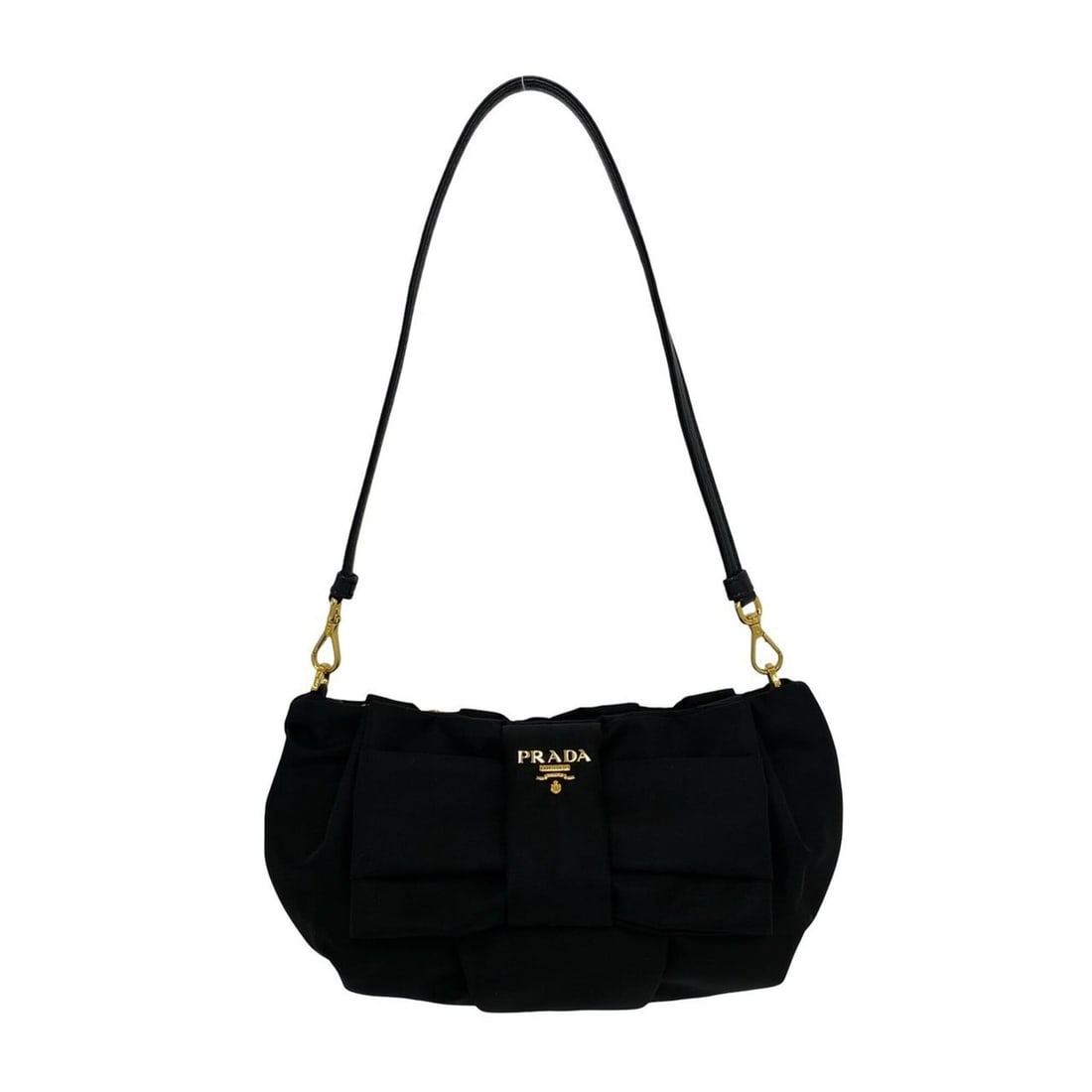 PRADA Prada logo hardware ribbon motif nylon leather semi one shoulder bag mini handbag black 28124 (1 of 9)