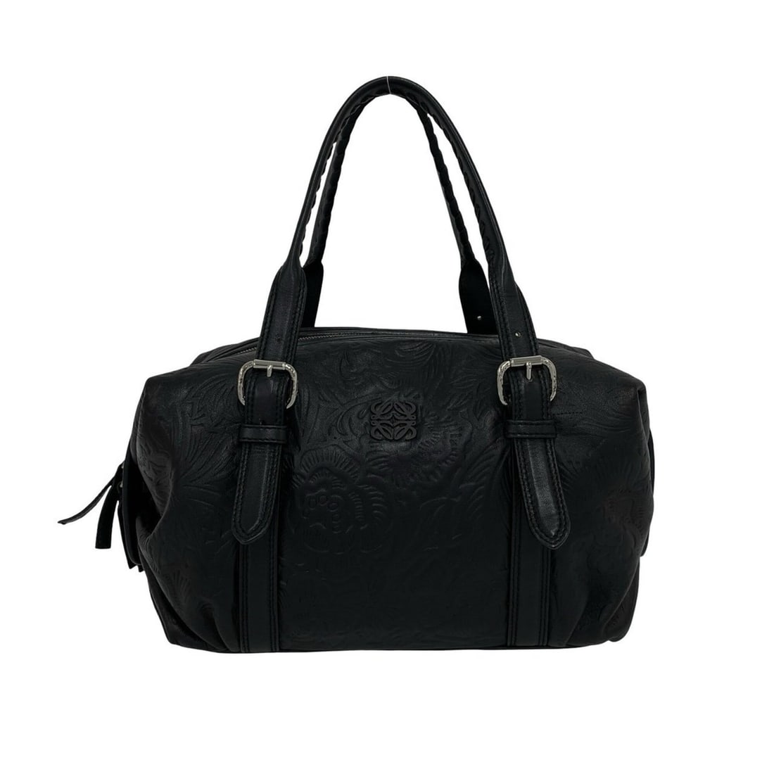 LOEWE Canella Anagram Logo Floral Pattern Embossed Leather Handbag Mini Boston Bag Black 34517 (1 of 10)
