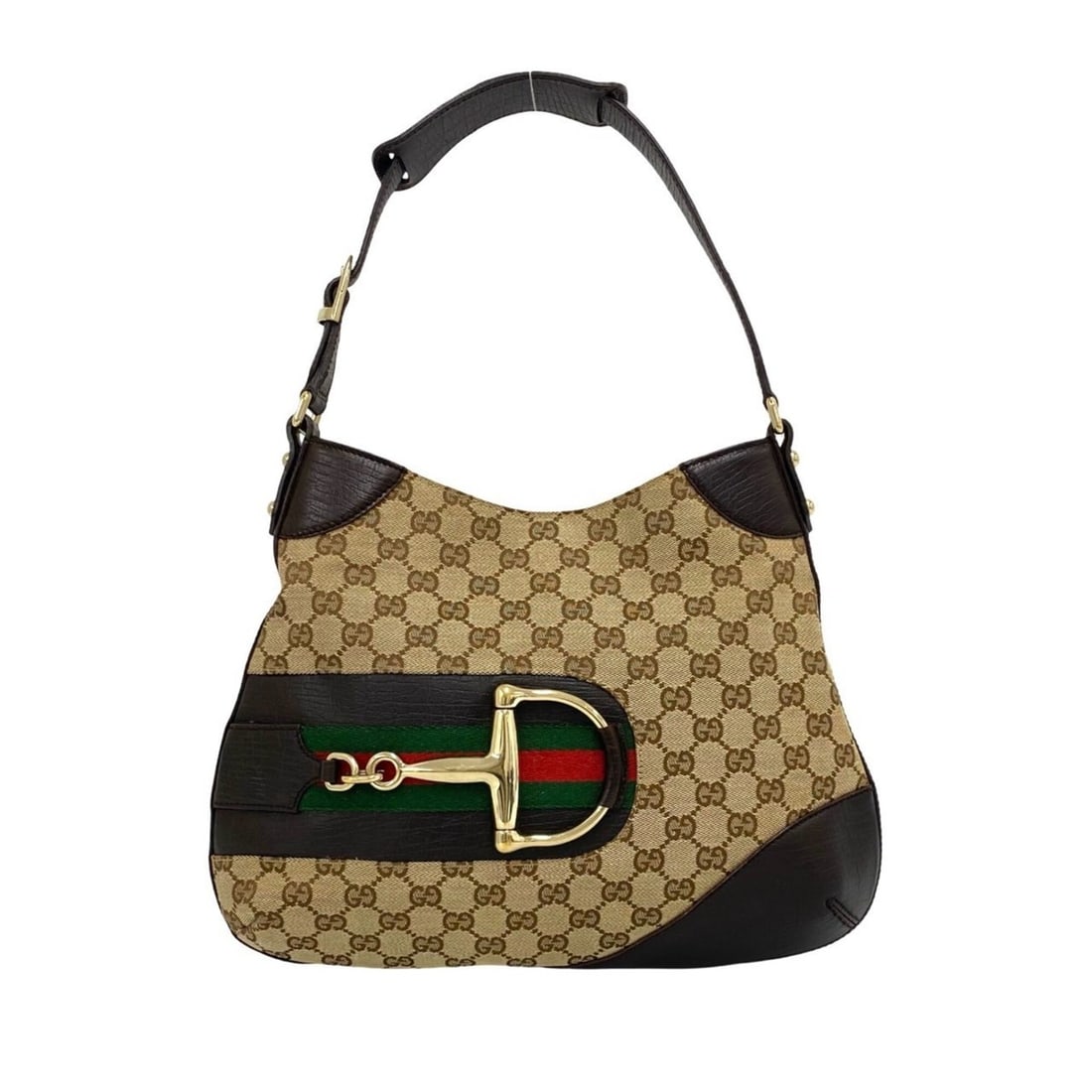 GUCCI Sherry Line GG Pattern Logo Horsebit Hardware Canvas Leather Genuine Semi One Shoulder Bag (1 of 10)