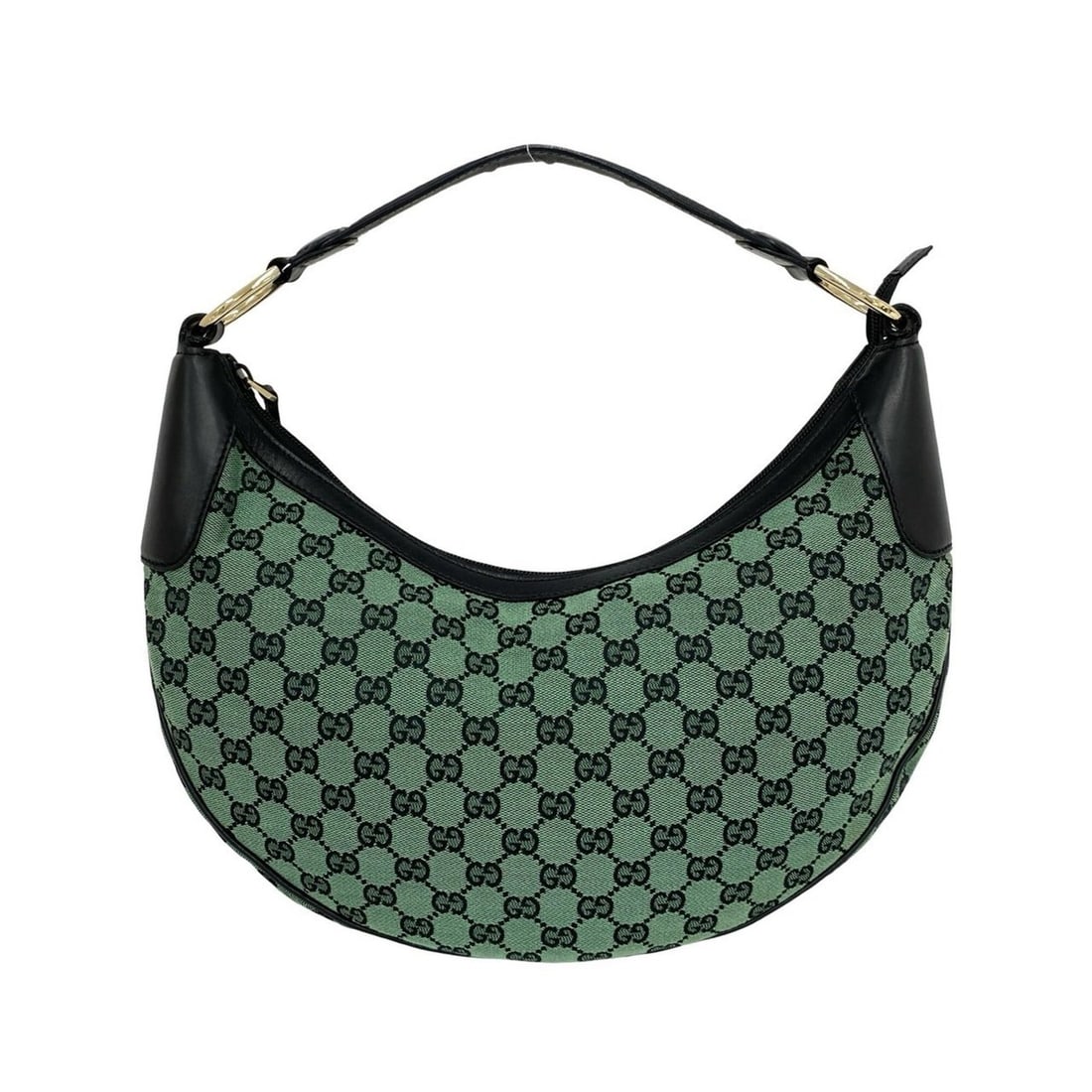 GUCCI GG Logo Pattern Canvas Leather Semi-One Shoulder Bag Handbag Green Black 23133