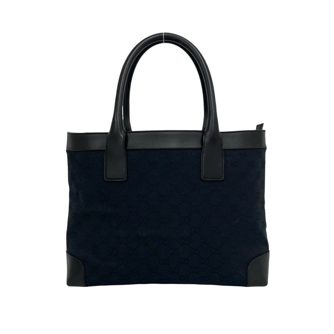 GUCCI GG all-over print logo canvas leather genuine handbag mini tote bag navy black 18457: --- Catalog ---Category: SizeSize (HxWxD): 24.5cm x 34cm x 9.5cm / 9.64'' x 13.38'' x 3.74''Category: DesignType: Handbag, Tote bagColor: Black, NavyGender: WomenMaterial: Canvas , Leather Category: G