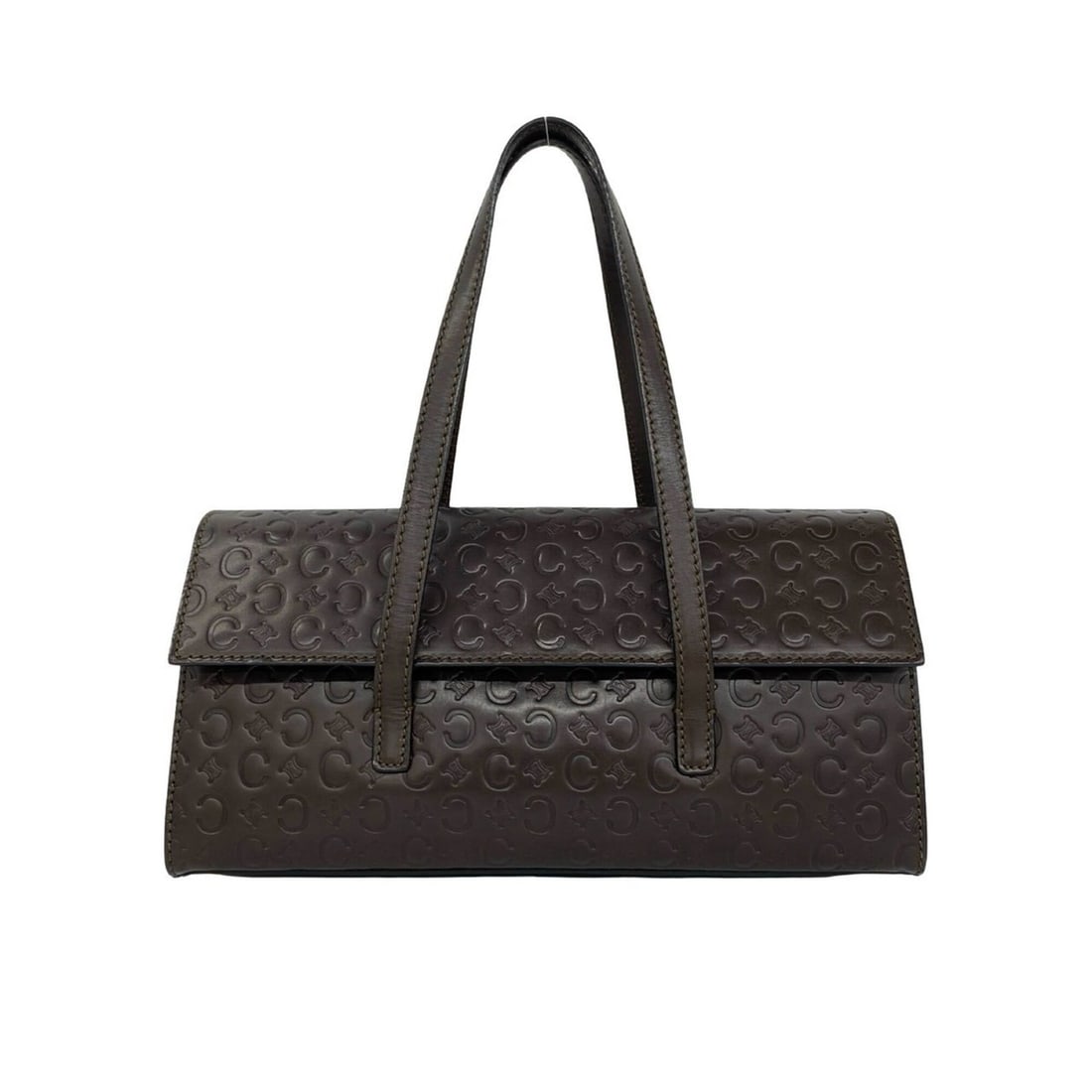CELINE C Macadam Triomphe Logo Embossed Leather Handbag Mini Boston Bag Brown 21120