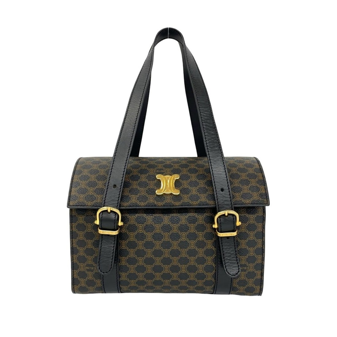 CELINE Macadam Blazon Pattern Triomphe Logo Hardware Leather Handbag Mini Boston Bag Brown 58735