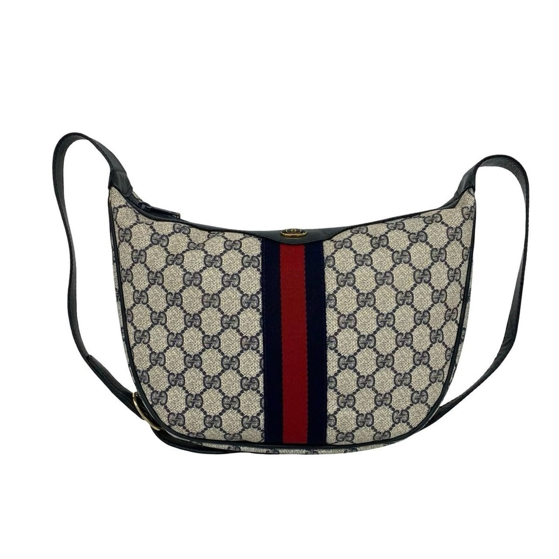 GUCCI Vintage GG Logo Pattern Sherry Line Leather Shoulder Bag, Navy Red, 453-7: --- Catalog ---Category: SizeSize (HxWxD): 21.5cm x 30cm x 9cm / 8.46'' x 11.81'' x 3.54''Category: DesignType: Shoulder bagColor: Navy, Red colorGender: WomenMaterial: Leather , PVC Category: General