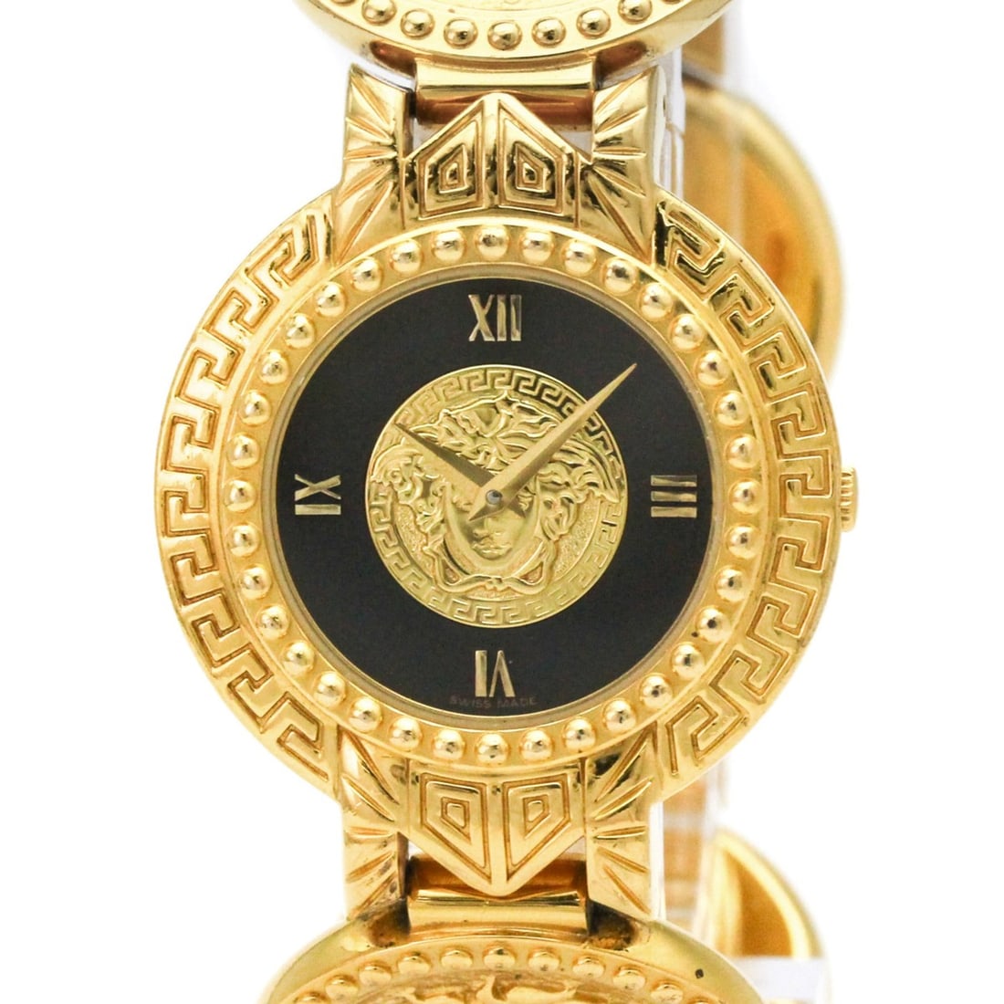 VERSACE Medusa Coin Watch Gold Plated Quartz Ladies Watch 7008002: --- Catalog ---Category: SizeCase Diameter: 30mm / 1.18''Category: DesignType: WristwatchStyle: Dress/FormalGender: WomenColor (Dial): BlackMaterial (Band): Gold platedMaterial (Case): Gold platedCate