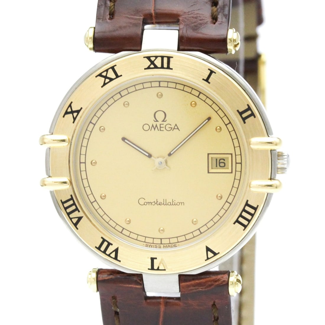 OMEGA Constellation Date 18K Gold Steel Mens Watch 196.0360 Polished: --- Catalog ---Category: SizeCase Diameter: 31mm / 1.22''Category: DesignType: WristwatchStyle: Dress/FormalGender: MenColor (Dial): GoldMaterial (Band): LeatherMaterial (Case): Stainless steel, Yello