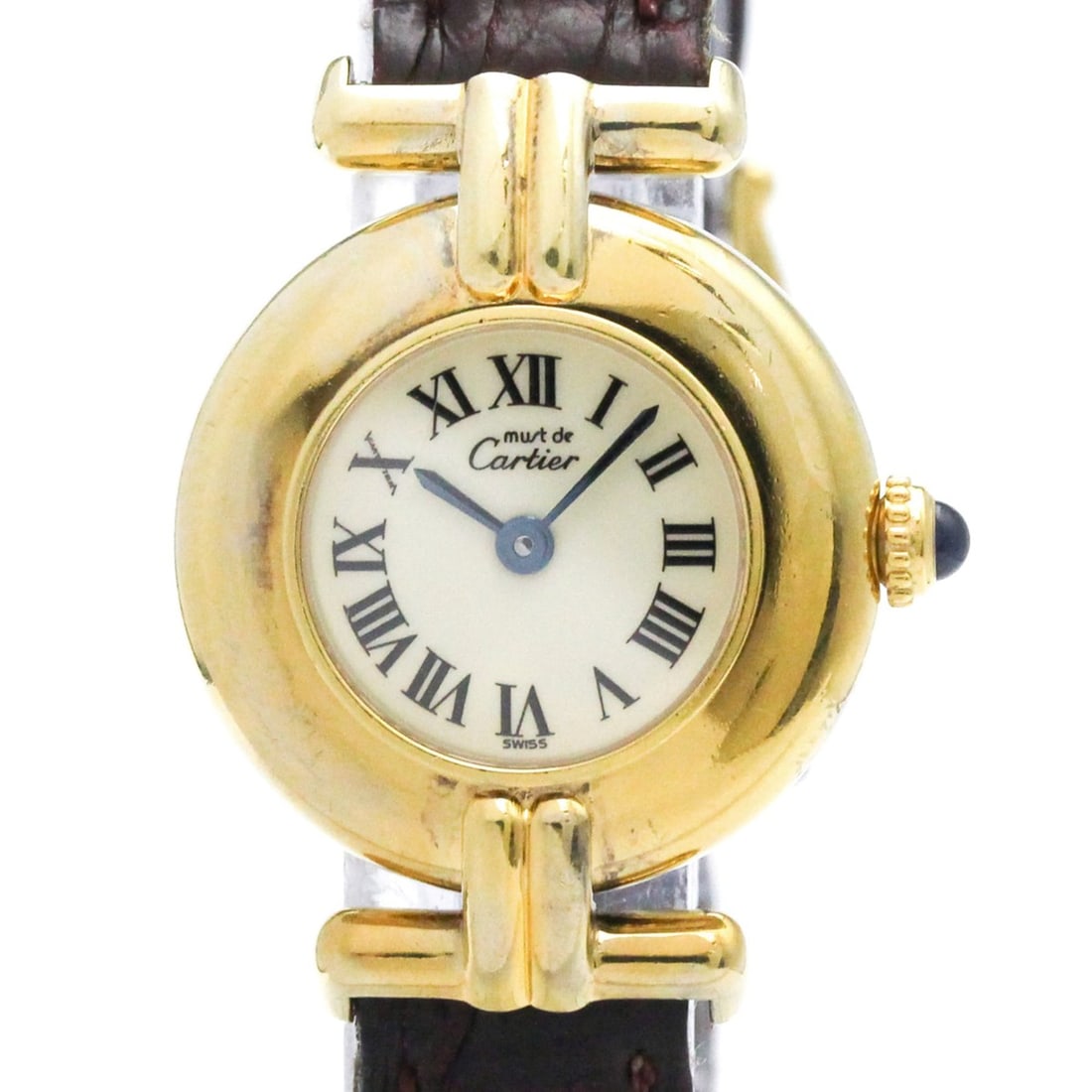 CARTIER Must Colisee Gold Plated Leather Quartz Ladies Watch 590002: --- Catalog ---Category: SizeCase Diameter: 24mm / 0.94''Category: DesignType: WristwatchStyle: Dress/FormalGender: WomenColor (Dial): IvoryMaterial (Band): LeatherMaterial (Case): Gold platedCategory