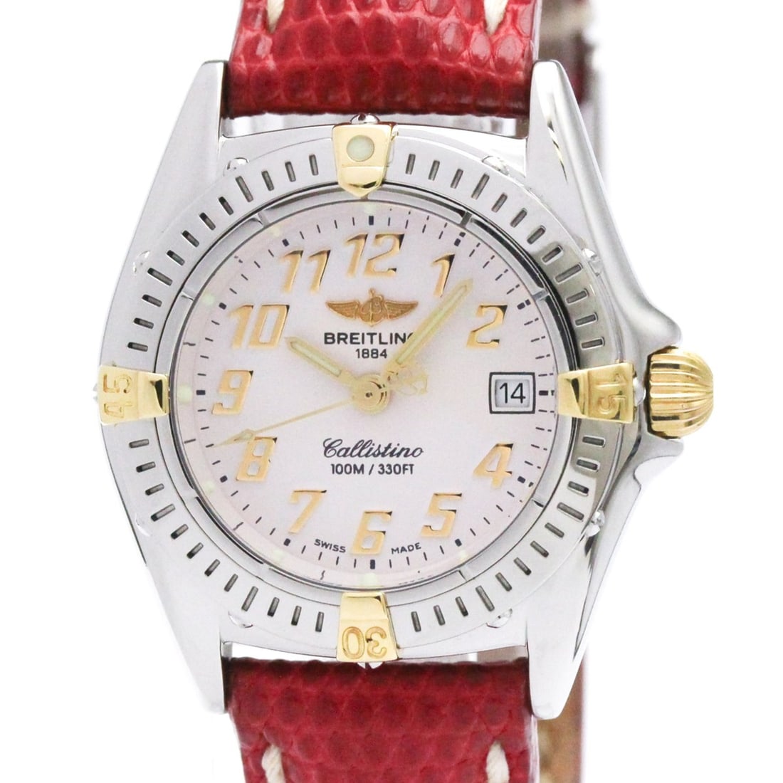 BREITLING Callistino 18K Gold Steel Quartz Ladies Watch B52345 Polished: --- Catalog ---Category: SizeCase Diameter: 28mm / 1.1''Category: DesignType: WristwatchStyle: SportGender: WomenColor (Dial): PinkMaterial (Band): LeatherMaterial (Case): Stainless steel, Yellow gold