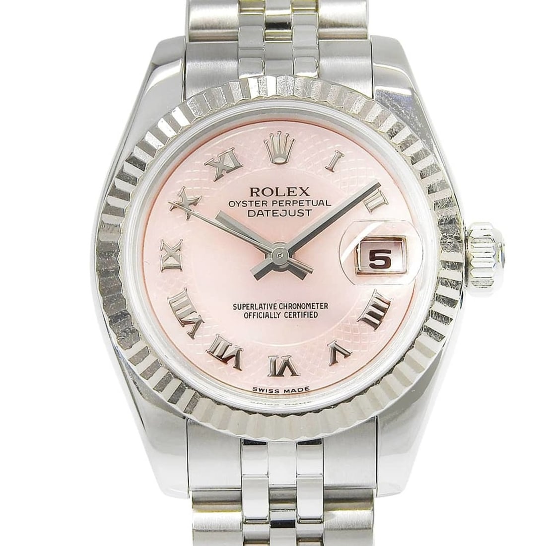 Rolex Datejust 179174NR (D-serial number), pink mother-of-pearl dial, 18K white gold/stainless: --- Catalog ---Category: SizeWrist Size: 16cm / 6.29''Case Diameter: 26mm / 1.02''Category: DesignType: WristwatchGender: WomenColor (Dial): Pink shellMaterial (Band): Stainless steelMaterial (Case): 