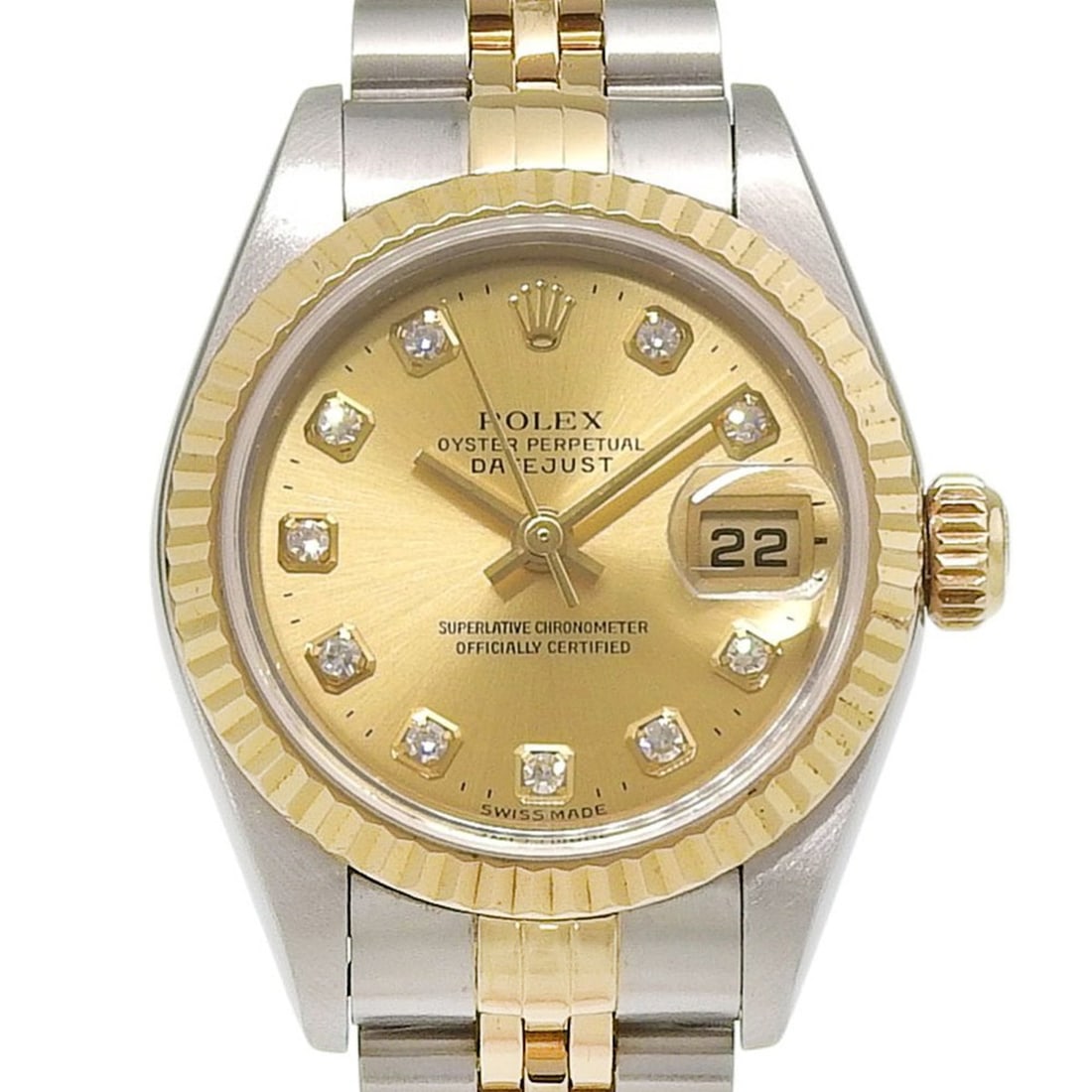 Rolex Datejust Two-Tone 79173G P-serial, 10-diamond setting, champagne gold dial, 18K yellow: --- Catalog ---Category: SizeWrist Size: 16cm / 6.29''Case Diameter: 26mm / 1.02''Category: DesignType: WristwatchGender: WomenColor (Dial): ChampagneMaterial (Band): Stainless steel, Yellow gold (18K