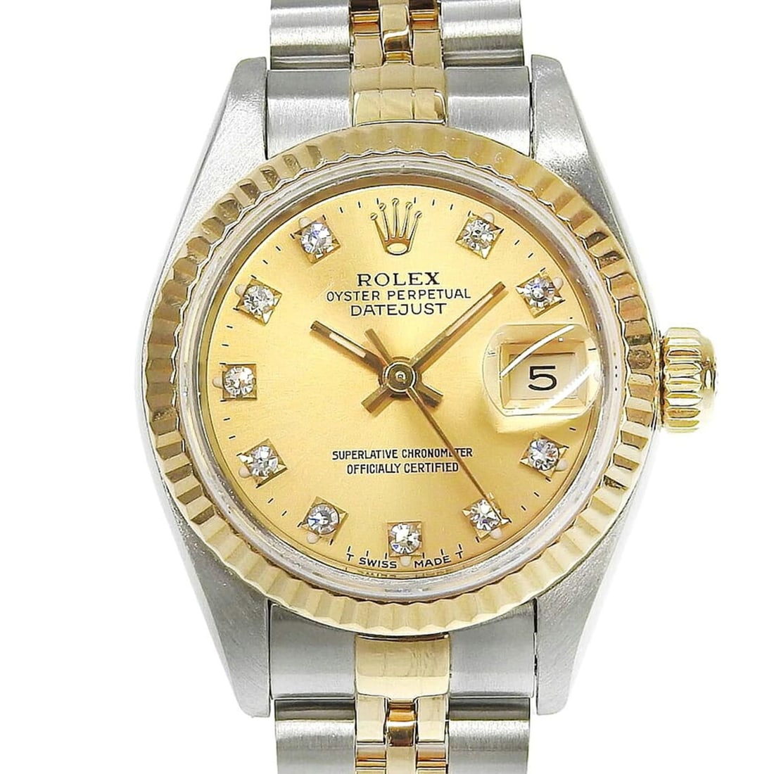 Rolex Datejust Two-Tone 69173G X-serial, 10-diamond setting, champagne gold dial, 18K yellow: --- Catalog ---Category: SizeWrist Size: 14.5cm / 5.7''Case Diameter: 26mm / 1.02''Category: DesignType: WristwatchGender: WomenColor (Dial): ChampagneMaterial (Band): Stainless steel, Yellow gold (18