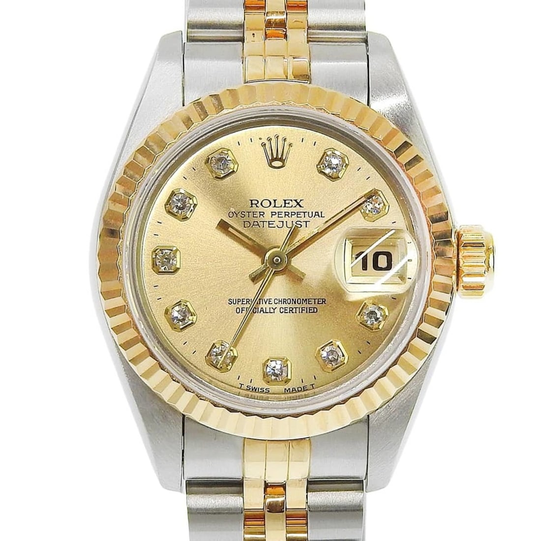 Rolex Datejust Two-Tone 69173G W-serial, 10-diamond setting, champagne gold dial, 18K yellow: --- Catalog ---Category: SizeWrist Size: 15cm / 5.9''Case Diameter: 26mm / 1.02''Category: DesignType: WristwatchGender: WomenColor (Dial): ChampagneMaterial (Band): Stainless steel, Yellow gold (18K)