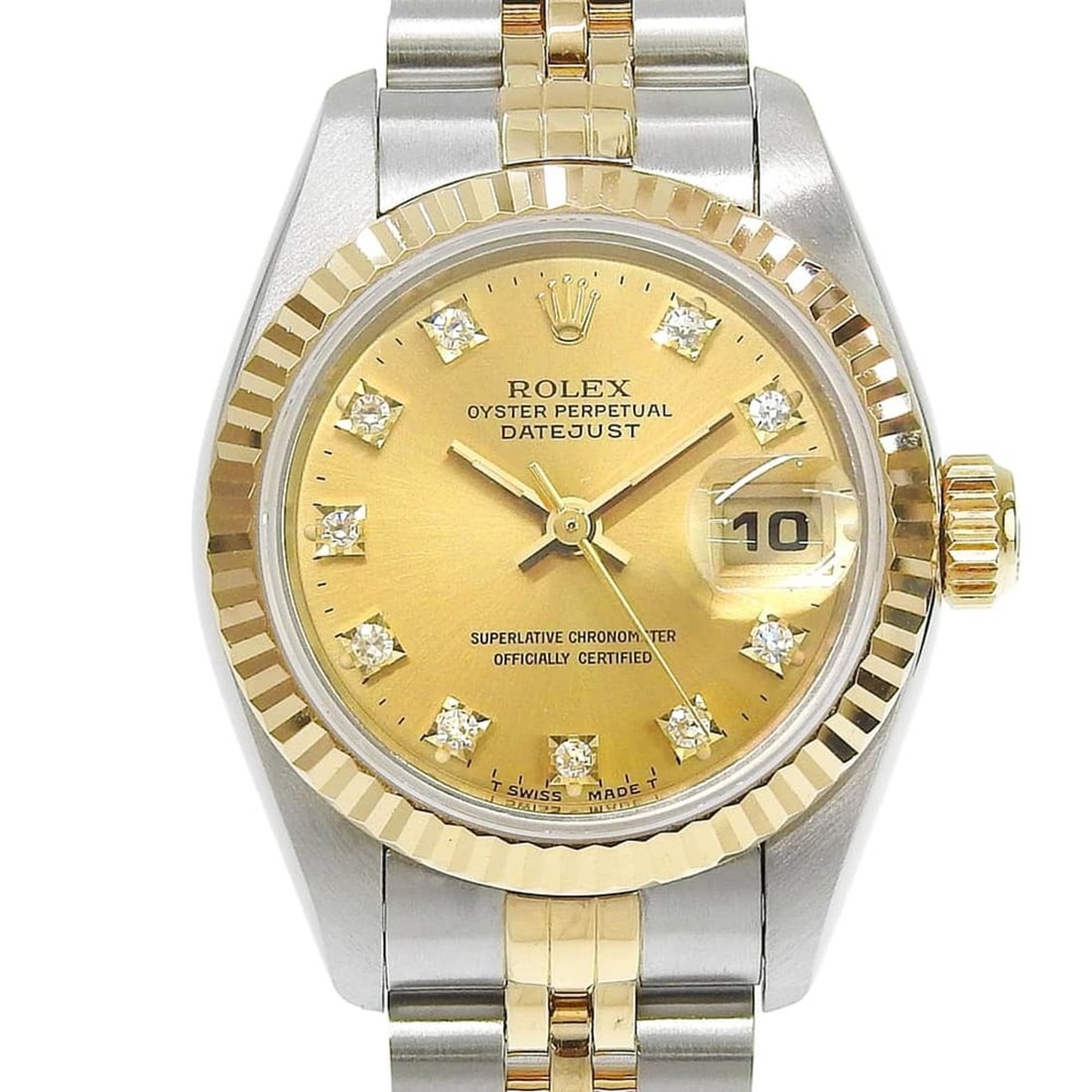 Rolex Datejust Two-Tone 69173G S-serial, 10-diamond setting, champagne gold dial, May 2026: --- Catalog ---Category: SizeWrist Size: 15.5cm / 6.1''Case Diameter: 26mm / 1.02''Category: DesignType: WristwatchGender: WomenColor (Dial): ChampagneMaterial (Band): Stainless steel, Yellow gold (18