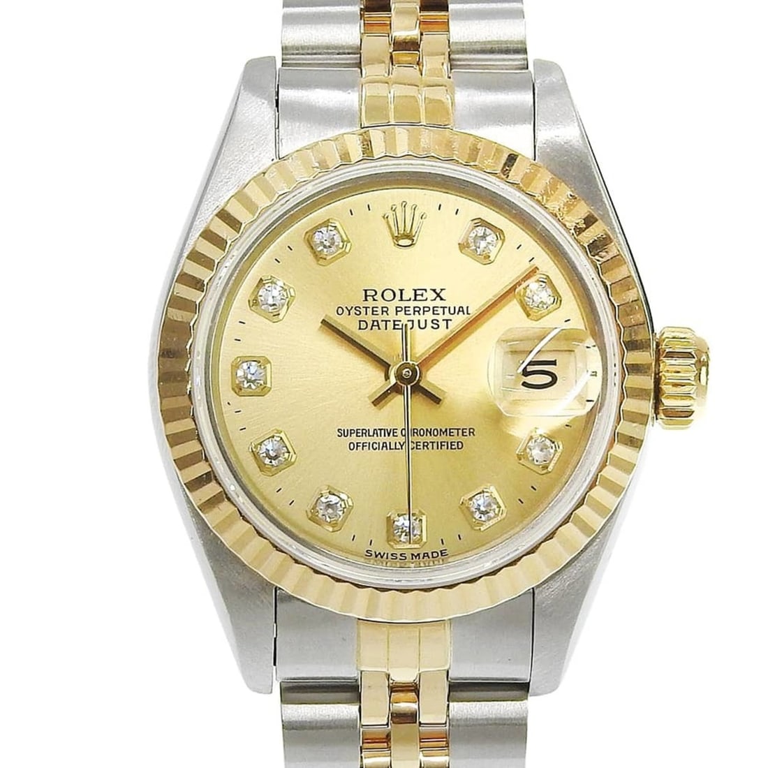 Rolex Datejust Two-Tone 69173G L-serial, 10-diamond setting, champagne gold dial, 18K yellow: --- Catalog ---Category: SizeWrist Size: 15cm / 5.9''Case Diameter: 26mm / 1.02''Category: DesignType: WristwatchGender: WomenColor (Dial): ChampagneMaterial (Band): Stainless steel, Yellow gold (18K)
