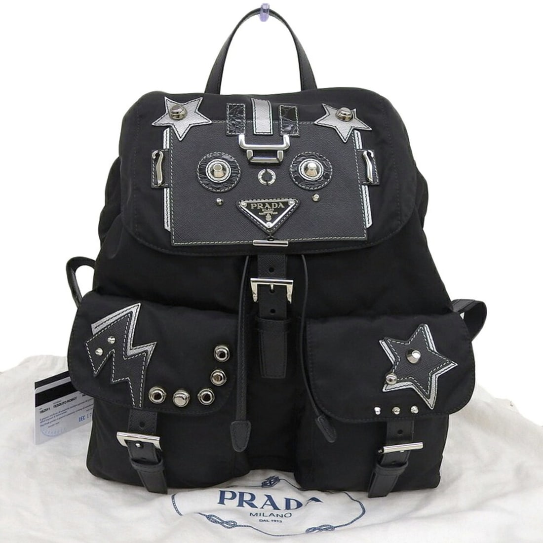 Prada Robot Backpack 1BZ811, Nylon Leather Bag, Black with Studs (1 of 9)