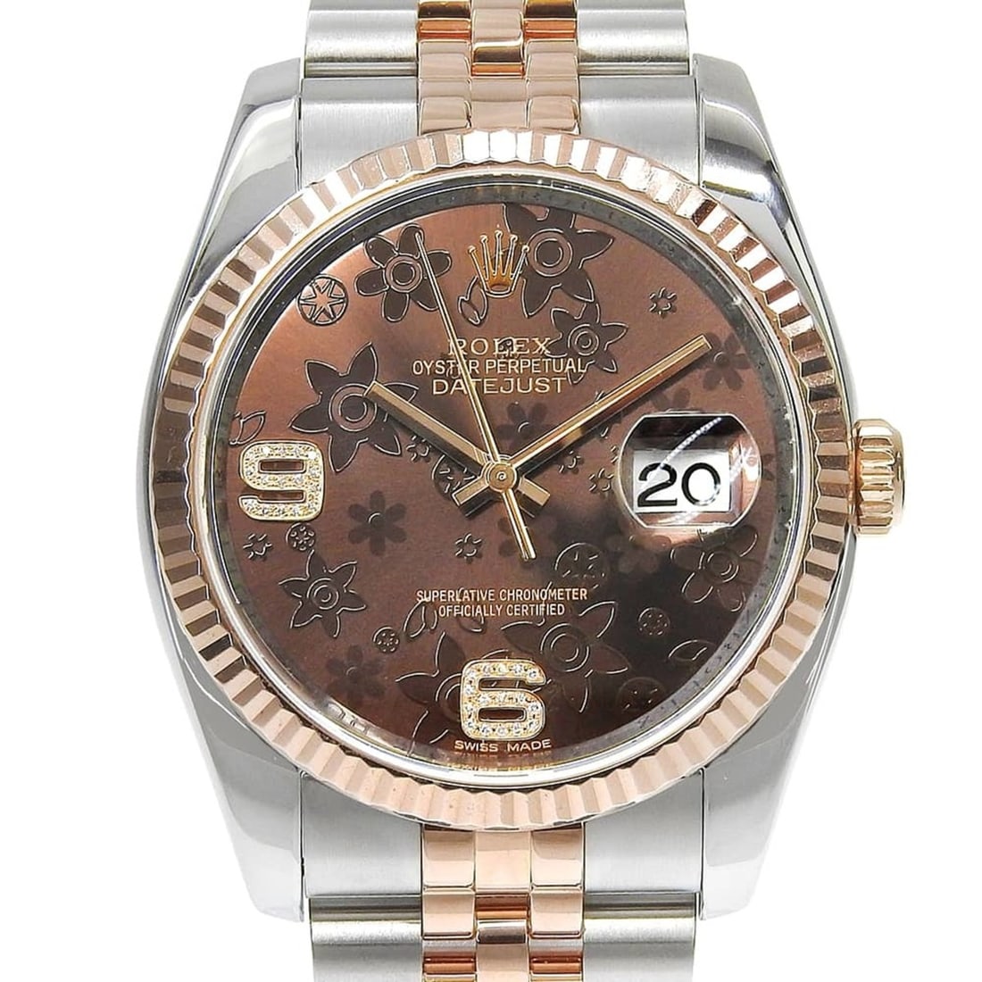 Rolex Datejust 36 Two-Tone 116231 Random Serial Number Chocolate Flower 2026/04 Overhauled: --- Catalog ---Category: SizeWrist Size: 17.5cm / 6.88''Case Diameter: 36mm / 1.42''Category: DesignType: WristwatchGender: MenColor (Dial): Chocolate brownMaterial (Band): Pink gold (18K), Stainless 